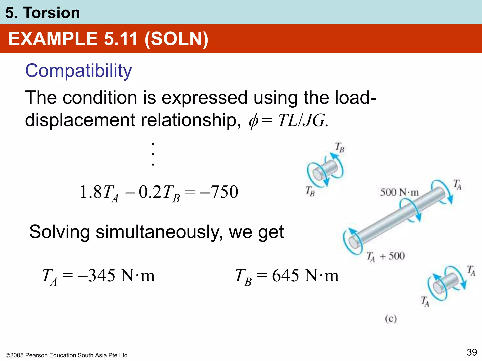 2005 Pearson Education South Asia Pte Ltd
5. Torsion
39
EXAMPLE 5.11 (SOLN)
1.8TA  0.2TB = 750
Compatibility
The condition is expressed using the load-
displacement relationship,  = TL/JG.
.
.
.
Solving simultaneously, we get
TA = 345 N·m TB = 645 N·m
 