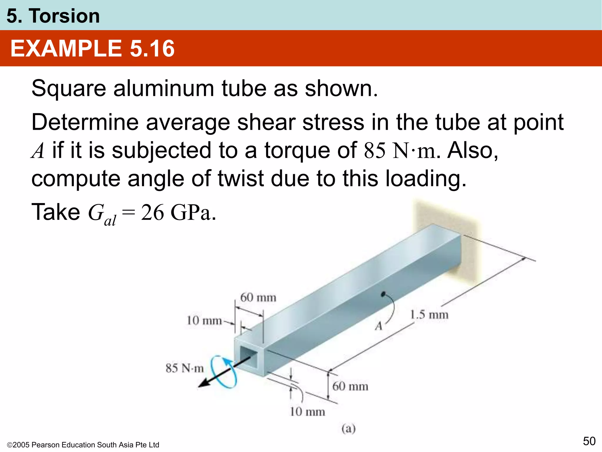 2005 Pearson Education South Asia Pte Ltd
5. Torsion
50
EXAMPLE 5.16
Square aluminum tube as shown.
Determine average shear stress in the tube at point
A if it is subjected to a torque of 85 N·m. Also,
compute angle of twist due to this loading.
Take Gal = 26 GPa.
 