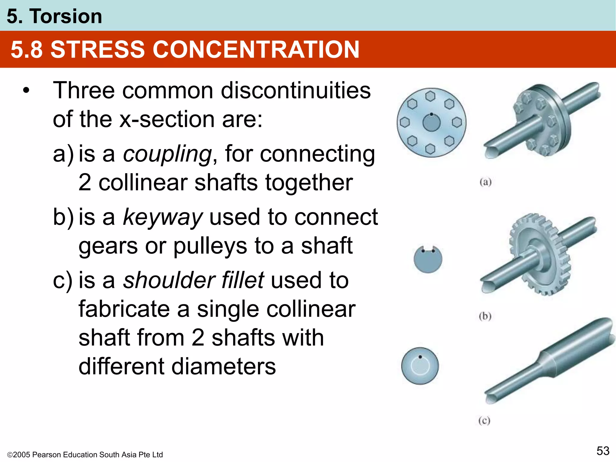 2005 Pearson Education South Asia Pte Ltd
5. Torsion
53
5.8 STRESS CONCENTRATION
• Three common discontinuities
of the x-section are:
a) is a coupling, for connecting
2 collinear shafts together
b) is a keyway used to connect
gears or pulleys to a shaft
c) is a shoulder fillet used to
fabricate a single collinear
shaft from 2 shafts with
different diameters
 