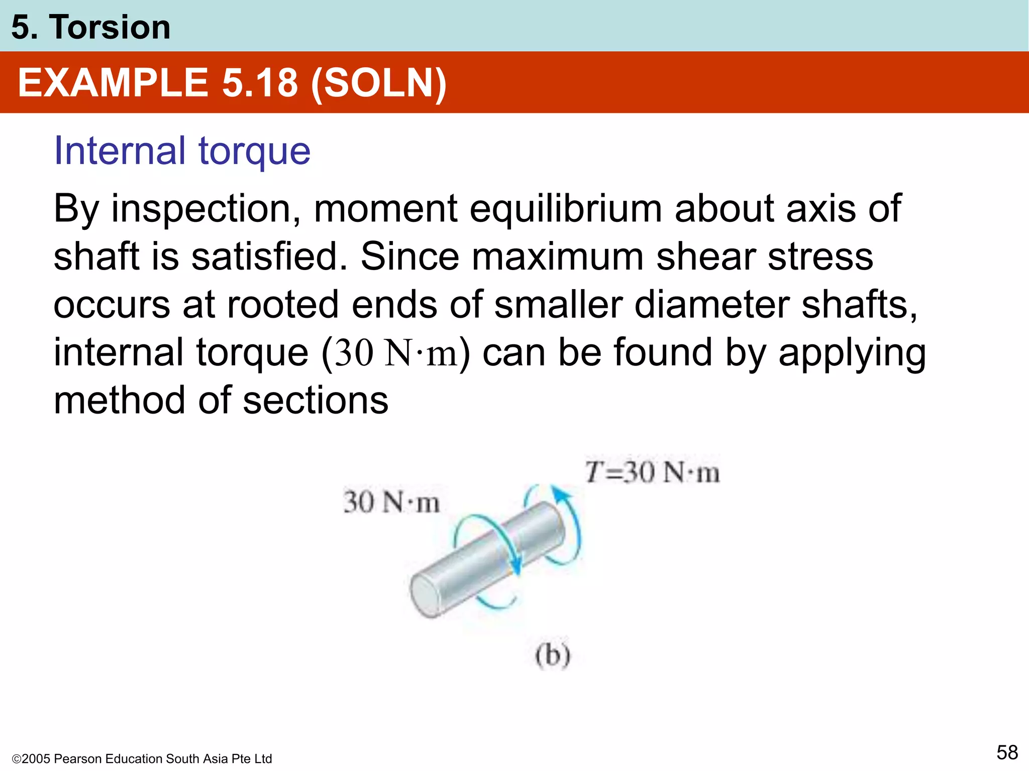 2005 Pearson Education South Asia Pte Ltd
5. Torsion
58
EXAMPLE 5.18 (SOLN)
Internal torque
By inspection, moment equilibrium about axis of
shaft is satisfied. Since maximum shear stress
occurs at rooted ends of smaller diameter shafts,
internal torque (30 N·m) can be found by applying
method of sections
 
