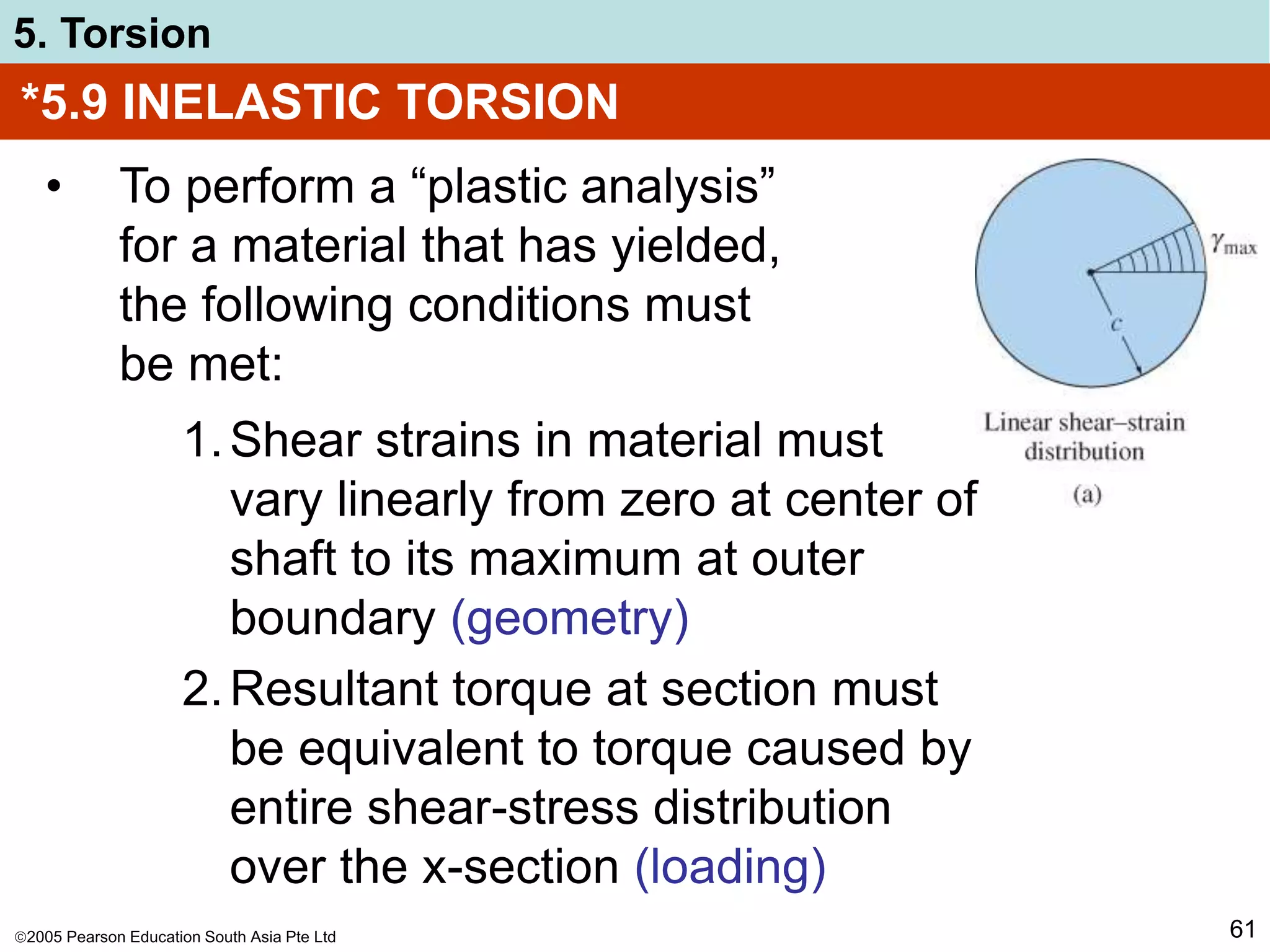 2005 Pearson Education South Asia Pte Ltd
5. Torsion
61
*5.9 INELASTIC TORSION
• To perform a “plastic analysis”
for a material that has yielded,
the following conditions must
be met:
1.Shear strains in material must
vary linearly from zero at center of
shaft to its maximum at outer
boundary (geometry)
2.Resultant torque at section must
be equivalent to torque caused by
entire shear-stress distribution
over the x-section (loading)
 