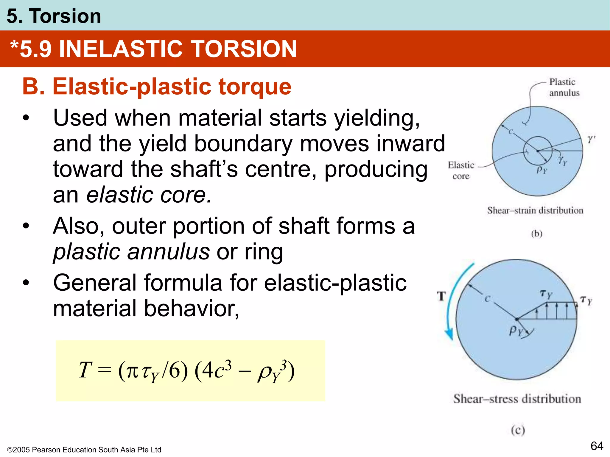 2005 Pearson Education South Asia Pte Ltd
5. Torsion
64
*5.9 INELASTIC TORSION
B. Elastic-plastic torque
• Used when material starts yielding,
and the yield boundary moves inward
toward the shaft’s centre, producing
an elastic core.
• Also, outer portion of shaft forms a
plastic annulus or ring
• General formula for elastic-plastic
material behavior,
T = (Y /6) (4c3  Y
3)
 