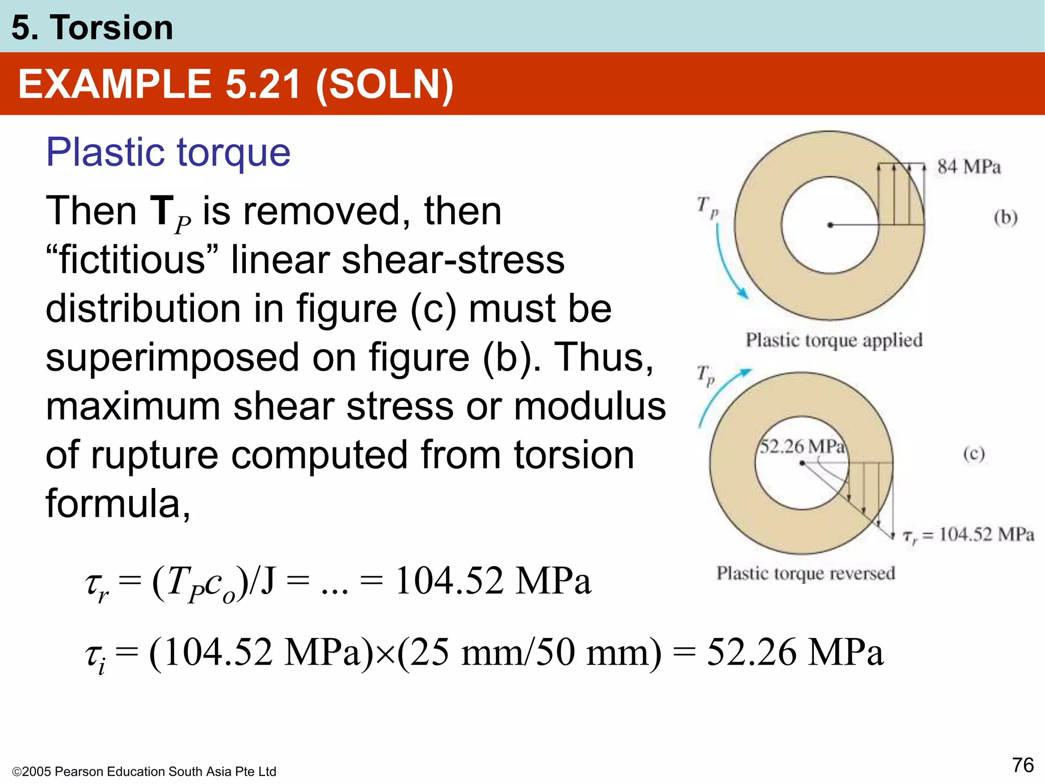 2005 Pearson Education South Asia Pte Ltd
5. Torsion
76
EXAMPLE 5.21 (SOLN)
r = (TPco)/J = ... = 104.52 MPa
Plastic torque
Then TP is removed, then
“fictitious” linear shear-stress
distribution in figure (c) must be
superimposed on figure (b). Thus,
maximum shear stress or modulus
of rupture computed from torsion
formula,
i = (104.52 MPa)(25 mm/50 mm) = 52.26 MPa
 