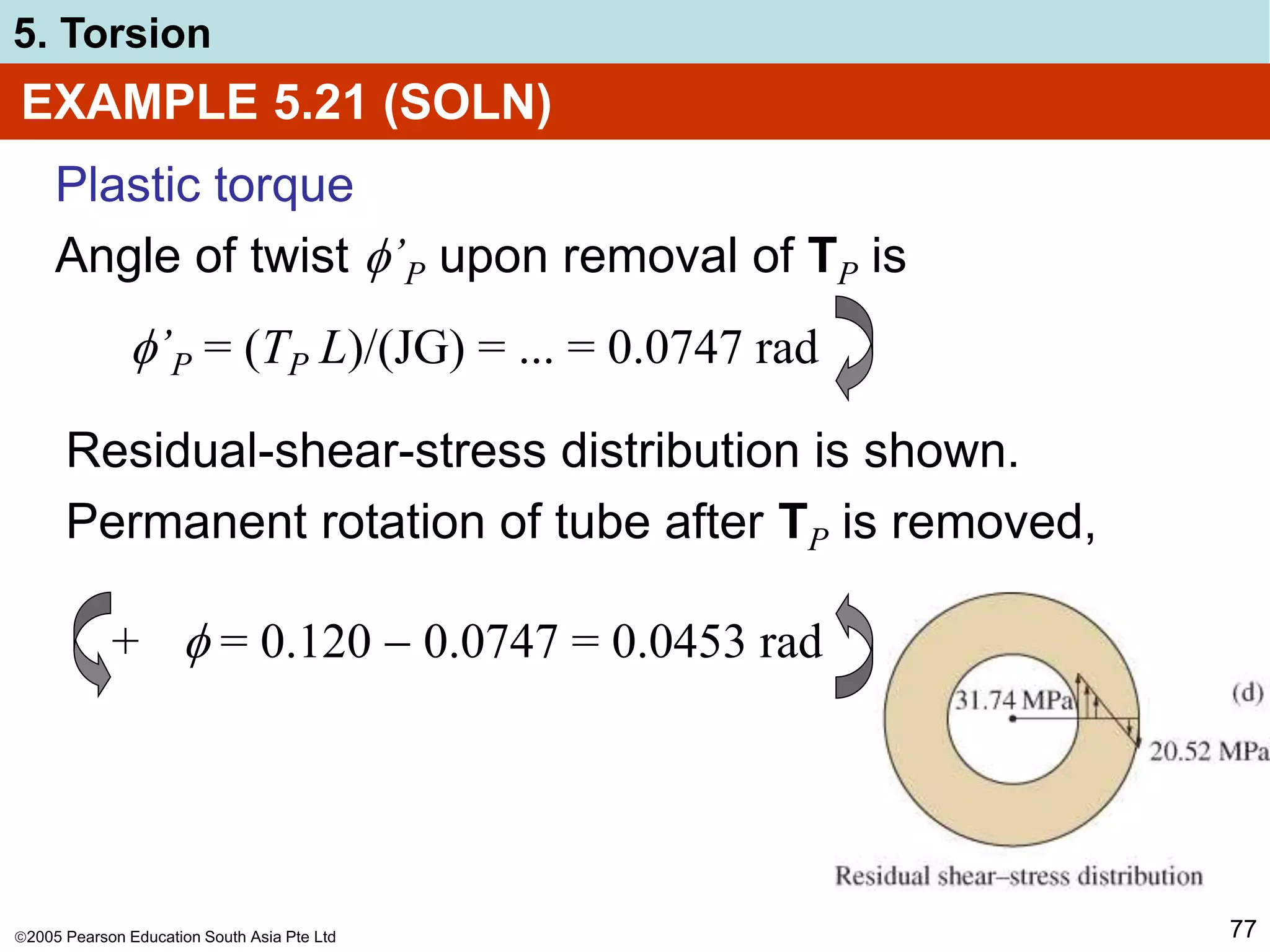 2005 Pearson Education South Asia Pte Ltd
5. Torsion
77
EXAMPLE 5.21 (SOLN)
’P = (TP L)/(JG) = ... = 0.0747 rad
Plastic torque
Angle of twist ’P upon removal of TP is
+  = 0.120  0.0747 = 0.0453 rad
Residual-shear-stress distribution is shown.
Permanent rotation of tube after TP is removed,
 