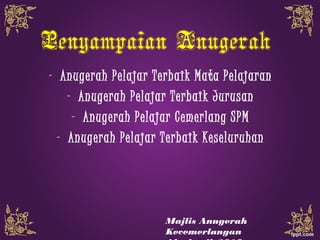 Penyampaian Anugerah
- Anugerah Pelajar Terbaik Mata Pelajaran
- Anugerah Pelajar Terbaik Jurusan
- Anugerah Pelajar Cemerlang SPM
- Anugerah Pelajar Terbaik Keseluruhan
Majlis Anugerah
Kecemerlangan
 