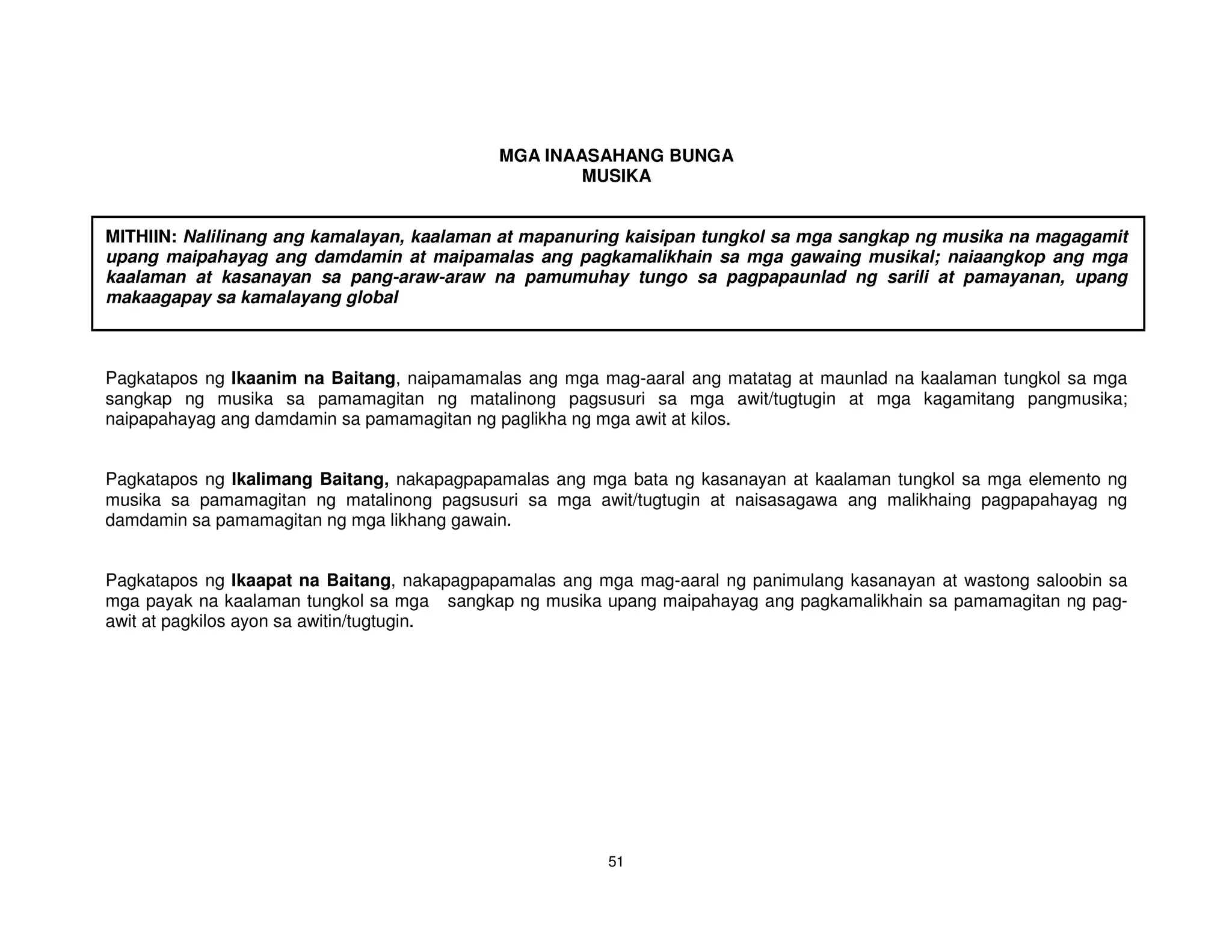 MGA INAASAHANG BUNGA
                                                    MUSIKA


MITHIIN: Nalilinang ang kamalayan, kaalaman at mapanuring kaisipan tungkol sa mga sangkap ng musika na magagamit
upang maipahayag ang damdamin at maipamalas ang pagkamalikhain sa mga gawaing musikal; naiaangkop ang mga
kaalaman at kasanayan sa pang-araw-araw na pamumuhay tungo sa pagpapaunlad ng sarili at pamayanan, upang
makaagapay sa kamalayang global



Pagkatapos ng Ikaanim na Baitang, naipamamalas ang mga mag-aaral ang matatag at maunlad na kaalaman tungkol sa mga
sangkap ng musika sa pamamagitan ng matalinong pagsusuri sa mga awit/tugtugin at mga kagamitang pangmusika;
naipapahayag ang damdamin sa pamamagitan ng paglikha ng mga awit at kilos.


Pagkatapos ng Ikalimang Baitang, nakapagpapamalas ang mga bata ng kasanayan at kaalaman tungkol sa mga elemento ng
musika sa pamamagitan ng matalinong pagsusuri sa mga awit/tugtugin at naisasagawa ang malikhaing pagpapahayag ng
damdamin sa pamamagitan ng mga likhang gawain.


Pagkatapos ng Ikaapat na Baitang, nakapagpapamalas ang mga mag-aaral ng panimulang kasanayan at wastong saloobin sa
mga payak na kaalaman tungkol sa mga sangkap ng musika upang maipahayag ang pagkamalikhain sa pamamagitan ng pag-
awit at pagkilos ayon sa awitin/tugtugin.




                                                        51
 