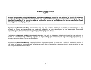 51
MGA INAASAHANG BUNGA
MUSIKA
MITHIIN: Nalilinang ang kamalayan, kaalaman at mapanuring kaisipan tungkol sa mga sangkap ng musika na magagamit
upang maipahayag ang damdamin at maipamalas ang pagkamalikhain sa mga gawaing musikal; naiaangkop ang mga
kaalaman at kasanayan sa pang-araw-araw na pamumuhay tungo sa pagpapaunlad ng sarili at pamayanan, upang
makaagapay sa kamalayang global
Pagkatapos ng Ikaanim na Baitang, naipamamalas ang mga mag-aaral ang matatag at maunlad na kaalaman tungkol sa mga
sangkap ng musika sa pamamagitan ng matalinong pagsusuri sa mga awit/tugtugin at mga kagamitang pangmusika;
naipapahayag ang damdamin sa pamamagitan ng paglikha ng mga awit at kilos.
Pagkatapos ng Ikalimang Baitang, nakapagpapamalas ang mga bata ng kasanayan at kaalaman tungkol sa mga elemento ng
musika sa pamamagitan ng matalinong pagsusuri sa mga awit/tugtugin at naisasagawa ang malikhaing pagpapahayag ng
damdamin sa pamamagitan ng mga likhang gawain.
Pagkatapos ng Ikaapat na Baitang, nakapagpapamalas ang mga mag-aaral ng panimulang kasanayan at wastong saloobin sa
mga payak na kaalaman tungkol sa mga sangkap ng musika upang maipahayag ang pagkamalikhain sa pamamagitan ng pag-
awit at pagkilos ayon sa awitin/tugtugin.
 