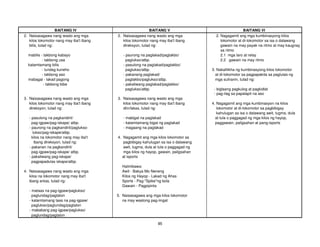 85
BAITANG IV BAITANG V BAITANG VI
2. Naisasagawa nang wasto ang mga 2. Naisasagawa nang wasto ang mga 2. Nagagamit ang mga kumbinasyong kilos
kilos lokomotor nang may iba't ibang kilos lokomotor nang may iba't ibang lokomotor at di-lokomotor sa isa o dalawang
bilis, tulad ng: direksyon, tulad ng: gawain na may payak na ritmo at may kaugnay
sa ritmo
mabilis - takbong kabayo - paurong na paglakad/pagtakbo/ 2.1 mga laro at relay
- takbong usa paglukso/atbp. 2.2 gawain na may ritmo
katamtamang bilis - pasulong na paglakad/pagtakbo/
- lundag kuneho paglukso/atbp. 3. Nakalilikha ng kumbinasyong kilos lokomotor
- takbong aso - pakanang paglakad/ at di-lokomotor sa pagpapakita sa paglutas ng
mabagal - lakad pagong pagtakbo/paglukso/atbp. mga suliranin, tulad ng:
- takbong bibe - pakaliwang paglakad/pagtakbo/
paglukso/atbp. - biglaang pagkulog at pagkidlat
- pag-ilag sa papalapit na aso
3. Naisasagawa nang wasto ang mga 3. Naisasagawa nang wasto ang mga
kilos lokomotor nang may iba't ibang kilos lokomotor nang may iba't ibang 4. Nagagamit ang mga kumbinasyon na kilos
direksyon, tulad ng: diin/lakas, tulad ng: lokomotor at di-lokomotor sa pagbibigay
kahulugan sa isa o dalawang awit, tugma, dula
- pasulong na pagkandirit/ - mabigat na paglakad at tula o paggagad ng mga kilos ng hayop,
pag-igpaw/pag-iskape/ atbp. - katamtamang bigat ng paglakad paggawain, paligsahan at pang-isports
- paurong na pagkandirit/paglukso- - magaang na paglakad
lukso/pag-iskape/atbp.
kilos na lokomotor nang may iba't 4. Nagagamit ang mga kilos lokomotor sa
ibang direksyon, tulad ng: pagbibigay kahulugan sa isa o dalawang
- pakanan na pagkandirit/ awit, tugma, dula at tula o paggagad ng
pag-igpaw/pag-iskape/ atbp. mga kilos ng hayop, gawain, paligsahan
- pakaliwang pag-iskape/ at isports
pagpapadulas iskape/atbp.
Halimbawa:
4. Naisasagawa nang wasto ang mga Awit - Bakya Mo Neneng
kilos na lokomotor nang may iba't Kilos ng Hayop - Lakad ng Ahas
ibang antas, tulad ng: Sports - Pag-"Spike"ng bola
Gawain - Pagpipinta
- mataas na pag-igpaw/paglukso/
paglundag/pagtalon 5. Naisasagawa ang mga kilos lokomotor
- katamtamang taas na pag-igpaw/ na may wastong pag-iingat
paglukso/paglundag/pagtalon
- mababang pag-igpaw/paglukso/
paglundag/pagtalon
 