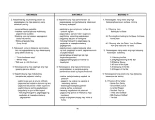 95
BAITANG IV BAITANG V BAITANG VI
2. Naipaliliwanag ang wastong paraan sa 5. Naipakikita ang mga pamamaraan sa 4. Naisasagawa nang wasto ang mga
pagsasagawa ng mga gawaing pang- pagsasagawa ng mga batayang kasanayan batayang kasanayan sa base running
athletics tulad ng: "sa larong volleyball"
- pangmabilisang pagtakbo - pakikinig sa guro at pinuno, hudyat at 4.1 Running from
- malakas na sikad para sa mabilisang tuntunin ng laro Batting to 1st Base
pagsisimula ng takbo - pagsunod sa panuto/ hatol ng pinuno
-Wastong ayos ng katawan sa pagpukol; - paghihintay sa sariling pagkakataon 4.2 Running from batting to 2nd base, 3rd base,
(body mechanics) - paggalang sa guro at kamagaral home plate
- Malayuang paglundag - maluwag/malugod na pagtanggap ng
(Long Jump) pagkatalo at mapagkumbabang 4.3 Running after the Catch, from 3rd Base,
pagkapanalo from 2nd base and 1st base
3. Nakasasali sa isa o dalawang panimulang - pagtutulungan, pagkamasigasig, lakas
laro na nagpapalakas ng mga kasanayang ng loob, pagpipigil sa sarili, pagkamasunurin 5. Naisasagawa nang wasto ang mga batayang
pang-atletics tulad ng: at pagkamatapat kasanayan sa batting
- pangangalaga at pagiingat sa mga
- " Circle the bases relay" kagamitang panlaro 5.1 Holding the Bat
- " Wheel relay" - pagpapanatiling ligtas at malinis na 5.2 Right positioning of the Bat
- "Call race (p. 434 Kirchner) kapaligiran 5.3 Batting Stance
5.4 Focus of the Eyes
4. Naisasagawa ng may pagiingat ang mga 6. Naisasagawa ang mga pamantayang 5.5 Swinging of the Bat
gawaing para sa atletics pangkaligtasan at pangkalusugang 5.6 Droppin of the Bat
pamamaraan tulad ng mga sumusunod:
5. Naipakikita ang mga mabubuting 6. Naisasagawa nang wasto ang mga batayang
kaugalian sa paglalaro tulad ng: -malinis, patag at walang sagabal na kasanayan sa fielding
palaruan
- pakikinig sa guro at pinuno (official), - paggamit ng angkop na sapatos at 6.1 Position of the fielder
- pagsunod sa hudyat na tuntunin ng laro kasuotang panlaro - Home-Run Derby
- pagsunod sa panuto o hatol ng pinuno - wastong pampasiglang gawain - Ground ball pursuit
- paghihintay sa sariling pagkakataon - walang alahas sa katawan - Line Ball Pepper
- paggalang sa guro at kamagaral - iwasang magsiksikan sa palaruan - Sop-ball Pop-Up
- maluwag/malugod na pagtanggap ng - pagsusuring pisikal at medical sa mga - Three pitch Softball
pagkatalo at mapagkumbabang manlalaro - Milk Cartoon Softball
pagkapanalo - patigil sa paglalaro kapag may kidlat at - Tee ball
kulog
 