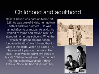 Childhood and adulthood
Cesar Chavez was born on March 31,
1927, he was one of 6 kids, he had two
sisters and two brothers. He was
named after he grandpa. As a kid, he
worked at farms and moved a lot, he
attended numerous schools. When he
was in 7th grade, he quit school
because he didn't want his mother to
work in the fields. When he turned 17,
he served 2 years in the Navy. He
said, " that was the worst two years of
his life." When he returned, he married
his high school sweetheart, Helen
Fabela. Soon, he had 8 kids with her.

 