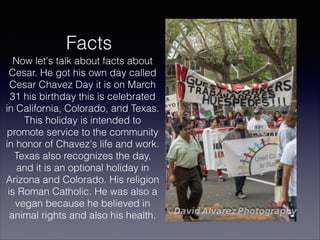 Facts
Now let's talk about facts about
Cesar. He got his own day called
Cesar Chavez Day it is on March
31 his birthday this is celebrated
in California, Colorado, and Texas.
This holiday is intended to
promote service to the community
in honor of Chavez's life and work.
Texas also recognizes the day,
and it is an optional holiday in
Arizona and Colorado. His religion
is Roman Catholic. He was also a
vegan because he believed in
animal rights and also his health.

 
