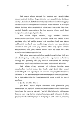 11




       Pada saluran telepon automatic ini, intensitas suara yangdikirimkan
dengan jarak jauh berlainan dengan intensitas suara yangdikirimkan dari jarak
dekat (SLJJ dan Lokal). Perbedaan ini terdapat padatekanan rendah atau tingginya
dan pada kcras atau lemahnya suara. Padasaluran telepon automatic ini, walaupun
tekanan intensitas suara yangdihasilkan rendah dan lemah tetapi disini lidak
merubah daripada suarapenelepon, dan juga penerima telapon masih dapat
mengenali suara dari sipenelepon tersebut.
       Pada    saluran     telepon     automatic,         tinggi   rendahnya    intensitas
suaratergantung pada besar kecilnya gelombang listrik yang dikirim melalui
satelitatau kabel, jadi apabila semakin besar gelombang listrik yang dkirim
melaluisatelit atau kabel maka semakin tinggi intensitas suara yang diterima
dansemakin keras pula suara yang diterima. Akan tetapi apabila semakin
kecilgelombang listrik yang terkirim melalui satelit atau kabel maka akan
semakinlemah pula suara yang diterima.
       Pada saluran telepon automatic, besar atau kecilnya gelombang listrikyang
dihasilkan tergantung pada besar kecilnya hambatan yang diterima. Jikahambatan
itu tinggi maka gelombang listrik yang dihasilkan akan berkuran dan sebaliknya
jika hambatan rendah maka gelombang listrik yang dihasilkanakan bertambah.
       Pada   saluran     telepon     automatic     ini     walaupun    intensitas   suara
yangdihasilkan tersebut rendah dan lemah, tetapi disini tidak sampai
merubahdaripada suara si penelepon. Jadi walaupun suara yang dihasilkan rendah
dan lemah, di sini penerima telepon tetap dapat mengenali suara dari penelepon,
hal ini dikarenakan rendah dan lemahnya suara tidak sampai merubah dari suara si
penelepon.
   2. Ijab dan Kabul Via Telepon
       Ijab Kabul       melalui     telepon merupakan suatu            perkawinan    yang
rnenggunakan jasa telepon di dalam pengucapan ijab (pernyataan wali) dan qabul
(penerimaan dari mempelai laki-laki). Pada Ijab Kabul telepon ini kejelasan dan
kerasnya suara yang diterima sangatlah berpengaruh pada kelancaran di dalam
pengucapan ijab dan kabul yang akan dilangsungkan. Oleh karena itu, seseorang
 