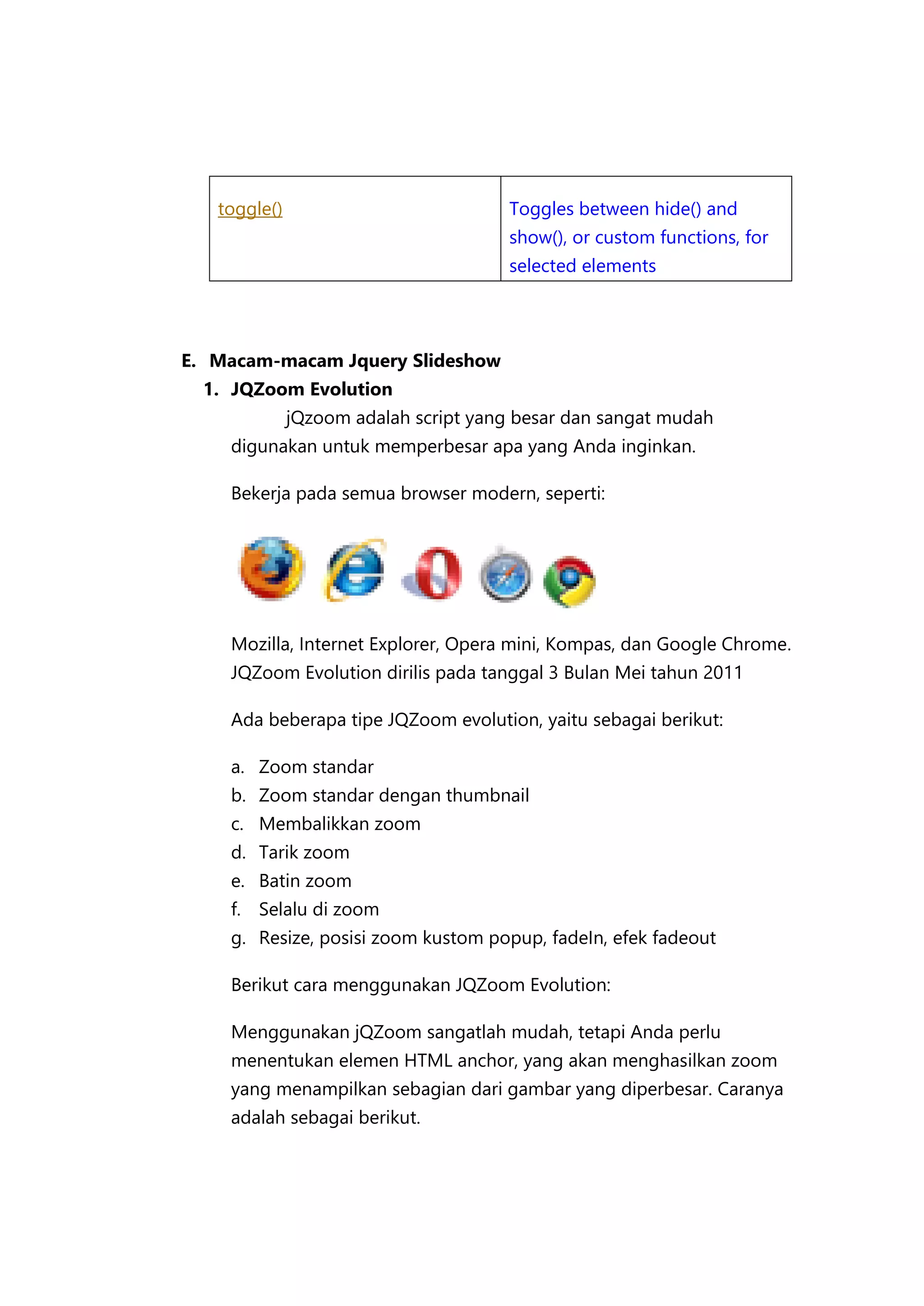 toggle()

Toggles between hide() and
show(), or custom functions, for
selected elements

E. Macam-macam Jquery Slideshow
1. JQZoom Evolution
jQzoom adalah script yang besar dan sangat mudah
digunakan untuk memperbesar apa yang Anda inginkan.
Bekerja pada semua browser modern, seperti:

Mozilla, Internet Explorer, Opera mini, Kompas, dan Google Chrome.
JQZoom Evolution dirilis pada tanggal 3 Bulan Mei tahun 2011
Ada beberapa tipe JQZoom evolution, yaitu sebagai berikut:
a. Zoom standar
b. Zoom standar dengan thumbnail
c. Membalikkan zoom
d. Tarik zoom
e. Batin zoom
f. Selalu di zoom
g. Resize, posisi zoom kustom popup, fadeIn, efek fadeout
Berikut cara menggunakan JQZoom Evolution:
Menggunakan jQZoom sangatlah mudah, tetapi Anda perlu
menentukan elemen HTML anchor, yang akan menghasilkan zoom
yang menampilkan sebagian dari gambar yang diperbesar. Caranya
adalah sebagai berikut.

 