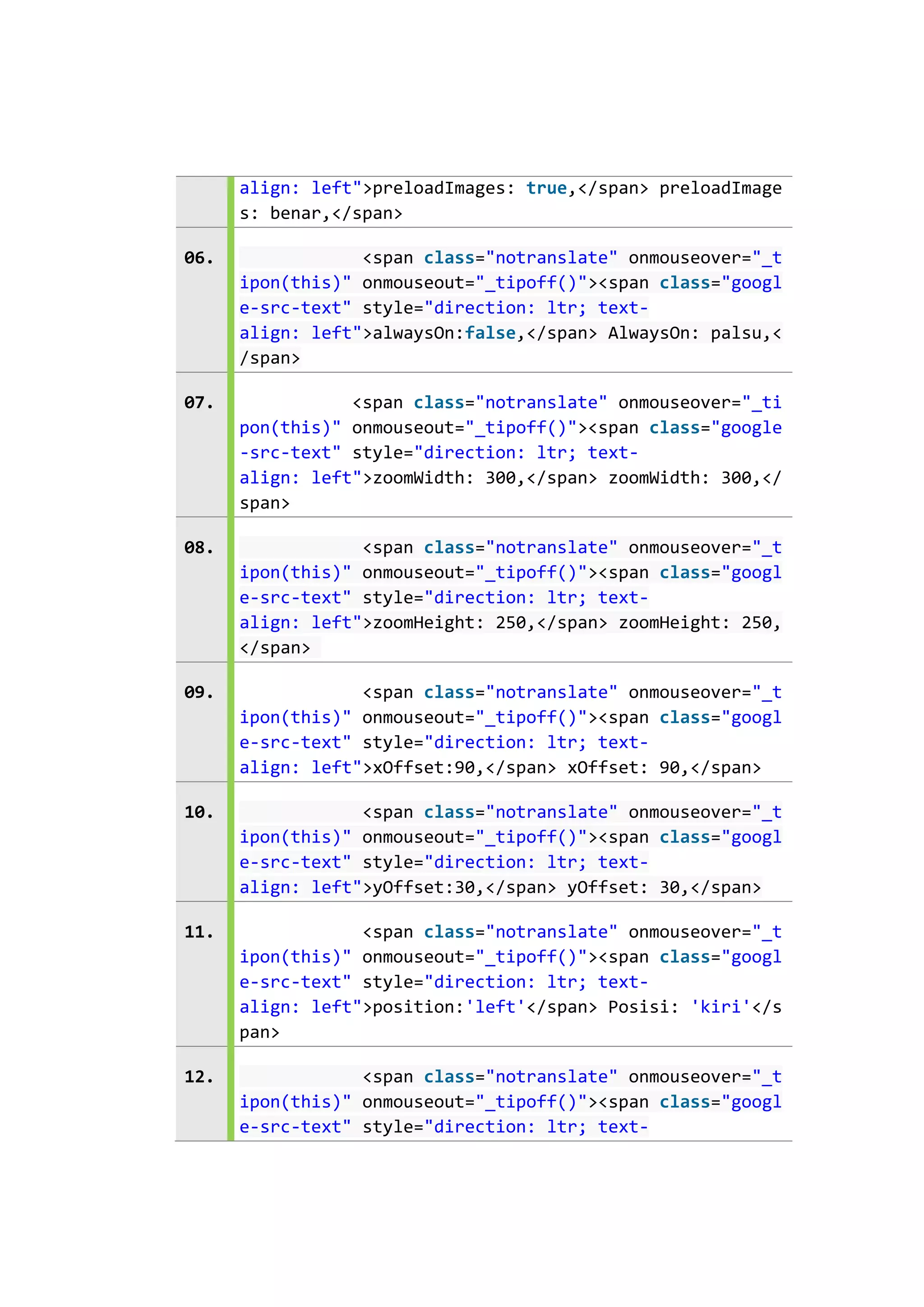 align: left">preloadImages: true,</span> preloadImage
s: benar,</span>
06.

<span class="notranslate" onmouseover="_t
ipon(this)" onmouseout="_tipoff()"><span class="googl
e-src-text" style="direction: ltr; textalign: left">alwaysOn:false,</span> AlwaysOn: palsu,<
/span>

07.

<span class="notranslate" onmouseover="_ti
pon(this)" onmouseout="_tipoff()"><span class="google
-src-text" style="direction: ltr; textalign: left">zoomWidth: 300,</span> zoomWidth: 300,</
span>

08.

<span class="notranslate" onmouseover="_t
ipon(this)" onmouseout="_tipoff()"><span class="googl
e-src-text" style="direction: ltr; textalign: left">zoomHeight: 250,</span> zoomHeight: 250,
</span>

09.

<span class="notranslate" onmouseover="_t
ipon(this)" onmouseout="_tipoff()"><span class="googl
e-src-text" style="direction: ltr; textalign: left">xOffset:90,</span> xOffset: 90,</span>

10.

<span class="notranslate" onmouseover="_t
ipon(this)" onmouseout="_tipoff()"><span class="googl
e-src-text" style="direction: ltr; textalign: left">yOffset:30,</span> yOffset: 30,</span>

11.

<span class="notranslate" onmouseover="_t
ipon(this)" onmouseout="_tipoff()"><span class="googl
e-src-text" style="direction: ltr; textalign: left">position:'left'</span> Posisi: 'kiri'</s
pan>

12.

<span class="notranslate" onmouseover="_t
ipon(this)" onmouseout="_tipoff()"><span class="googl
e-src-text" style="direction: ltr; text-

 