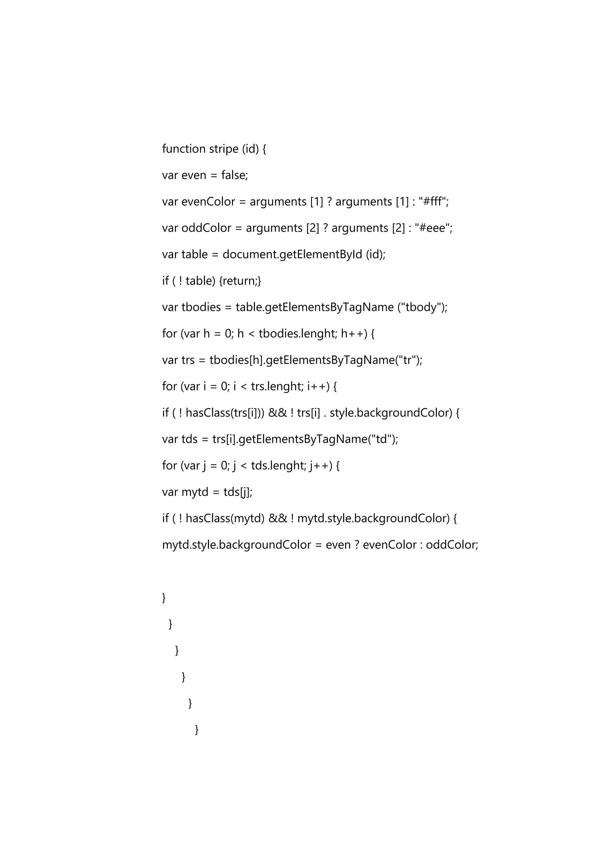function stripe (id) {
var even = false;
var evenColor = arguments [1] ? arguments [1] : "#fff";
var oddColor = arguments [2] ? arguments [2] : "#eee";
var table = document.getElementById (id);
if ( ! table) {return;}
var tbodies = table.getElementsByTagName ("tbody");
for (var h = 0; h < tbodies.lenght; h++) {
var trs = tbodies[h].getElementsByTagName("tr");
for (var i = 0; i < trs.lenght; i++) {
if ( ! hasClass(trs[i])) && ! trs[i] . style.backgroundColor) {
var tds = trs[i].getElementsByTagName("td");
for (var j = 0; j < tds.lenght; j++) {
var mytd = tds[j];
if ( ! hasClass(mytd) && ! mytd.style.backgroundColor) {
mytd.style.backgroundColor = even ? evenColor : oddColor;

}
}
}
}
}
}

 