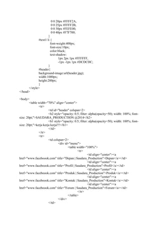 0 0 20px #FFFF2A,
0 0 25px #FFFF2B,
0 0 30px #FEFE00,
0 0 40px #F7F700;
}
#text1 li {
font-weight:400px;
font-size:10px;
color:black;
text-shadow:
1px 2px 1px #FFFFFF,
-1px -1px 1px #DCDCDC;
}
#header{
background-image:url(header.jpg);
width:1000px;
height:200px;
}
</style>
</head>
<body>
<table width="70%" align="center">
<tr>
<td id="header" colspan=2>
<h2 style="opacity: 0.5; filter: alpha(opacity=50); width: 100%; font-
size: 20pt;">SAUDARA_PRODUCTION @2014</h2>
<h1 style="opacity: 0.5; filter: alpha(opacity=50); width: 100%; font-
size: 20pt;">kerja kerja kerja!!!</h1>
</td>
</tr>
<tr>
<td colspan=2>
<div id="menu">
<table width="100%">
<tr>
<td align="center"><a
href="www.faceboook.com" title="Depan | Saudara_Production">Depan</a></td>
<td align="center"><a
href="www.faceboook.com" title="Profil | Saudara_Production">Profil</a></td>
<td align="center"><a
href="www.faceboook.com" title="Produk | Saudara_Production">Produk</a></td>
<td align="center"><a
href="www.faceboook.com" title="Kontak | Saudara_Production">Kontak</a></td>
<td align="center"><a
href="www.faceboook.com" title="Forum | Saudara_Production">Forum</a></td>
</tr>
</table>
</div>
</td>
 