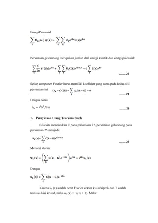 Energi Potensial 
Persamaan gelombang merupakan jumlah dari energi kinetik dan energi potensial: 
Setiap komponen Fourier harus memiliki koefisien yang sama pada kedua sisi 
persamaan ini 
Dengan notasi 
1. Pernyataan Ulang Teorema Bloch 
Bila kita menentukan C pada persamaan 27, persamaan gelombang pada 
persamaan 25 menjadi: 
Menurut aturan 
Dengan 
Karena uk (x) adalah deret Fourier vektor kisi resiprok dan T adalah 
translasi kisi kristal, maka uk (x) = uk (x + T). Maka: 
........ 26 
........ 27 
........ 28 
........ 29 
 