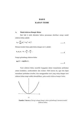 BAB II 
KAJIAN TEORI 
A. Model elektron Hampir Bebas 
Dari bab 6 telah diketahui bahwa persamaan distribusi energi model 
elektron bebas adalah: 
Dimana kondisi batas pada kubus dengan sisi L adalah: 
Fungsi gelombang elektron bebas 
........ 1 
........ 2 
........ 3 
Teori elektron bebas memiliki kegagalan dalam menjelaskan perbedaan 
antara konduktor, semikonduktor dan isolator. Oleh karena itu, agar kita dapat 
memahami perbedaan tersebut, kita menggunakan teori yang mirip dengan teori 
elektron bebas tetapi sedikit dimodifikasi, yaitu model elektron hampir bebas. 
Gambar 1 kurva a. Energi sebagai fungsi vektor gelombang k menurut model 
elektron bebas. 
 