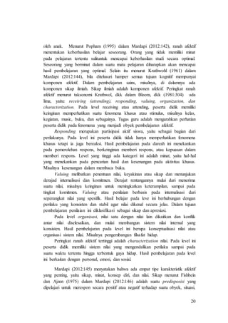 20
oleh anak. Menurut Popham (1995) dalam Mardapi (2012:142), ranah afektif
menentukan keberhasilan belajar seseorang. Orang yang tidak memiliki minat
pada pelajaran tertentu sulituntuk mencapai keberhasilan studi secara optimal.
Seseorang yang berminat dalam suatu mata pelajaran diharapkan akan mencapai
hasil pembelajaran yang optimal. Selain itu menurut Krathwohl (1961) dalam
Mardapi (2012:144), bila ditelusuri hamper semua tujuan kognitif mempunyai
komponen afektif. Dalam pembelajaran sains, misalnya, di dalamnya ada
komponen sikap ilmiah. Sikap ilmiah adalah komponen afektif. Peringkat ranah
afektif menurut taksonomi Krathwol, dkk dalam Bloom, dkk (1981:304) ada
lima, yaitu: receiving (attending), responding, valuing, organization, dan
characterization. Pada level receiving atau attending, peserta didik memiliki
keinginan memperhatikan suatu fenomena khusus atau stimulus, misalnya kelas,
kegiatan, music, buku, dan sebagainya. Tugas guru adalah mengarahkan perhatian
peserta didik pada fenomena yang menjadi obyek pembelajaran afektif.
Responding merupakan partisipasi aktif siswa, yaitu sebagai bagian dari
perilakunya. Pada level ini peserta didik tidak hanya memperhatikan fonomena
khusus tetapi ia juga bereaksi. Hasil pembelajaran pada dareah ini menekankan
pada pemerolehan respons, berkeinginan memberi respons, atau kepuasan dalam
memberi respons. Level yang tinggi ada kategori ini adalah minat, yaitu hal-hal
yang menekankan pada pencarian hasil dan kesenangan pada aktivitas khusus.
Misalnya kesenangan dalam membaca buku.
Valuing melibatkan penentuan nilai, keyakinan atau sikap dan menunjukan
derajad internalisasi dan komitmen. Derajat rentangannya mulai dari menerima
suatu nilai, misalnya keinginan untuk meningkatkan keterampilan, sampai pada
tingkat komitmen. Valuing atau penilaian berbasis pada internalisasi dari
seperangkat nilai yang spesifik. Hasil belajar pada leve ini berhubungan dengan
perilaku yang konsisten dan stabil agar nilai dikenal secara jelas. Dalam tujuan
pembelajaran penilaian ini diklasifikasi sebagai sikap dan apresiasi.
Pada level organisasi, nilai satu dengan nilai lain dikaitkan dan konflik
antar nilai diselesaikan, dan mulai membangun sistem nilai internal yang
konsisten. Hasil pembelajaran pada level ini berupa konseptualisasi nilai atau
organisasi sistem nilai. Misalnya pengembangan filsafat hidup.
Peringkat ranah afektif tertinggi adalah characterization nilai. Pada level ini
peserta didik memiliki sistem nilai yang mengendalikan perilaku sampai pada
suatu waktu tertentu hingga terbentuk gaya hidup. Hasil pembelajaran pada level
ini berkaitan dengan personal, emosi, dan sosial.
Mardapi (2012:145) menyatakan bahwa ada empat tipe karakteristik afektif
yang penting, yaitu sikap, minat, konsep diri, dan nilai. Sikap menurut Fishbein
dan Ajzen (1975) dalam Mardapi (2012:146) adalah suatu predisposisi yang
dipelajari untuk merespon secara positif atau negatif terhadap suatu obyek, situasi,
 