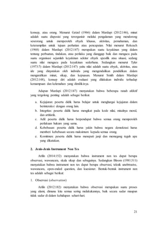 21
konsep, atau orang. Menurut Getzel (1966) dalam Mardapi (2012:146), minat
adalah suatu disposisi yang terorganisir melalui pengalaman yang mendorong
seseorang untuk memperoleh obyek khusus, aktivitas, pemahaman, dan
keterampilan untuk tujuan perhatian atau pencapaian. Nilai menurut Rokeach
(1968) dalam Mardapi (2012:147) merupakan suatu keyakinan yang dalam
tentang perbuatan, tindakan, atau perilaku yang dianggap baik dan mengacu pada
suatu organisasi sejumlah keyakinan sekitar obyek spesifik atau situasi, sedang
suatu nilai mengacu pada keyakinan sederhana. Sedangkan menurut Tyler
(1973:7) dalam Mardapi (2012:147) yaitu nilai adalah suatu obyek, aktivitas, atau
ide yang dinyatakan oleh individu yang mengendalikan pendidikan dalam
mengarahkan minat, sikap, dan kepuasan. Menurut Smith dalam Mardapi
(2012:148), konsep diri adalah evaluasi yang dilakukan individu terhadap
kemampuan dan kelemahan yang dimilikinya.
Adapun Mardapi (2012:147) menyatakan bahwa beberapa ranah afektif
yang tergolong penting adalah sebagai berikut.
a. Kejujuran: peserta didik harus belajar untuk menghargai kejujuran dalam
berinteraksi dengan orang lain.
b. Integritas: peserta didik harus mengikat pada kode nilai, misalnya moral,
dan artitistik.
c. Adil: peserta didik harus berpendapat bahwa semua orang memperoleh
perlakuan hukum yang sama.
d. Kebebasan: peserta didik harus yakin bahwa negara demokrasi harus
memberi kebebasan secara maksimum kepada semua orang.
e. Komitmen: peserta didik harus menepati janji dan memegang teguh apa
yang dikatakan.
2. Jenis-Jenis Instrument Non Tes
Arifin (2014:152) menyatakan bahwa instrument non tes dapat berupa
observasi, wawancara, skala sikap dan sebagainya. Sedangkan Bloom (1981:311)
menyatakan bahwa instrument non tes dapat berupa observasi, teknik unobtrusive,
wawancara, open-ended question, dan kuesioner. Bentuk-bentuk instrument non
tes adalah sebagai berikut:
1. Observasi (observation)
Arifin (2012:182) menyatakan bahwa observasi merupakan suatu proses
yang alami, dimana kita semua sering melakukannya, baik secara sadar maupun
tidak sadar di dalam kehidupan sehari-hari.
 
