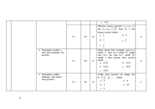 c. 728
C2 PG 28
Diberikan barisan geometri, 𝑢1 + 𝑢3 = 3
dan 𝑢2 + 𝑢4 =
3
2
√2. Suku ke 5 dari
barisan tersebut adalah . . . .
a.
1
2
d. 2
b. 1 e.
5
2
c.
3
2
A
 Menentukan jumlah n
suku deret aritmatika dan
geometri
C2 PG 27
Dalam sebuah deret aritmatika, suku ke-3
adalah 9, suku ke-n adalah 87, jumlah
suku ke-6 dan suku ke-7 adalah 39.
Jumlah n suku pertama deret tersebut
adalah . . . .
a. 1215 d. 1515
b. 1315 e. 1615
c. 1415
A
 Menentukan jumlah
takhingga suku barisan
deter geometri
C2 PG 29
Jumlah deret geometri tak hingga dari
8, −
8
3
,
8
9
, −
8
27
, . . . .. . adalah . . . .
a. 2 d. 8
b. 4 e. 10
c. 6
C
52
 