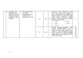  Menyajikan hasil,
menemukan pola
barisan dan deret dan
penerapannya dalam
penyelesaian masalah
sederhana.
 Memecahkan masalah
nyata dengan
menggunakan konsep
barisan dan deret
aritmatika dan geometri
C3 PG 30
Sebuah bola tenis dijatuhkan ke lantai
dari suatu gedung yang tingginya 2
meter. Setiap kali bola itu memantul akan
mencapai tinggi tiga perempat dari tinggi
yang dicapai sebelumnya. Panjang
lintasan yang dilalui bola tersebut hingga
berhenti memantul adalah . . . .
a. 10 𝑚 d. 13 𝑚
b. 11 𝑚 e. 14 𝑚
c. 12 𝑚
E
C3 Esay 3
Seorang pedagang mempunyai modal
sebesar Rp.50.000.000,00 yang ia
investasikan pada setiap permulaan tahun
selama 4 tahun berturut-turut dengan
bunga majemuk 10% pertahun. Hitunglah
jumlah seluruh modal pedagang itu pada
akhir tahun keempat.
Rp.255.255.000,00
53
 
