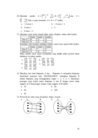 58
20. Diketahui matriks 𝐴 = [
2𝑥 − 3 3
5 2𝑥
], 𝐵 = [ 𝑥2
−4
2 𝑥2
− 3
], dan 𝐶 =
[
0 −1
7 0
]. Nilai 𝑛 yang memenuhi 𝐴 + 𝐵 = 𝐶 𝑇
adalah . . . .
a. −3 𝑎𝑡𝑎𝑢 1 d. −3 𝑎𝑡𝑎𝑢 − 1
b. 3 𝑎𝑡𝑎𝑢 1 e. 2
c. 3 𝑎𝑡𝑎𝑢 − 1
21. Diketahui stock motor sebuah dialer motor disajikan dalam table berikut
Honda Suzuki Yamaha
Toko P 20 15 12
Toko Q 35 22 20
Kemudian toko tersebut mendapat kiriman motor baru seperti table berikut
Honda Suzuki Yamaha
Toko P 10 7 15
Toko Q 15 10 8
Maka matriks stock motor keseluruhan yang dimiliki dialer tersebut dapat
dituliskan ke dalam matriks
a. [
30 21
35 10
18
22
] d. [
25 10
35 50
27
22
]
b. [
30 22
50 32
27
28
] e. [
30 21
30 20
18
22
]
c. [
20 15
35 22
12
20
]
22. Diberikan dua buah himpunan 𝐴 dan . Himpunan A merupakan himpunan
huruf-huruf penyusun kata “MATEMATIKA” sedangkan himpunan B
adalah himpunan yang beranggotakan angka 1, 2, 3, 4, 5. Banyaknya
pasangan yang terjadi antara himpunan A dan B dengan syarat setiap
anggota di A berpasangan dengan setiap anggota di B adalah . . . .
a. 15 d. 50
b. 30 e. 100
c. 45
23. Di bawah ini relasi yang merupakan fungsi, kecuali . . . .
a. A B d. A B
 