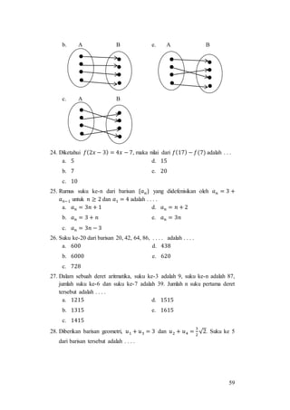 59
b. A B e. A B
c. A B
24. Diketahui 𝑓(2𝑥 − 3) = 4𝑥 − 7, maka nilai dari 𝑓(17) − 𝑓(7) adalah . . .
a. 5 d. 15
b. 7 e. 20
c. 10
25. Rumus suku ke-n dari barisan {𝑎 𝑛} yang didefenisikan oleh 𝑎 𝑛 = 3 +
𝑎 𝑛−1 untuk 𝑛 ≥ 2 dan 𝑎1 = 4 adalah . . . .
a. 𝑎 𝑛 = 3𝑛 + 1 d. 𝑎 𝑛 = 𝑛 + 2
b. 𝑎 𝑛 = 3 + 𝑛 e. 𝑎 𝑛 = 3𝑛
c. 𝑎 𝑛 = 3𝑛 − 3
26. Suku ke-20 dari barisan 20, 42, 64, 86, . . . . adalah . . . .
a. 600 d. 438
b. 6000 e. 620
c. 728
27. Dalam sebuah deret aritmatika, suku ke-3 adalah 9, suku ke-n adalah 87,
jumlah suku ke-6 dan suku ke-7 adalah 39. Jumlah n suku pertama deret
tersebut adalah . . . .
a. 1215 d. 1515
b. 1315 e. 1615
c. 1415
28. Diberikan barisan geometri, 𝑢1 + 𝑢3 = 3 dan 𝑢2 + 𝑢4 =
3
2
√2. Suku ke 5
dari barisan tersebut adalah . . . .
 