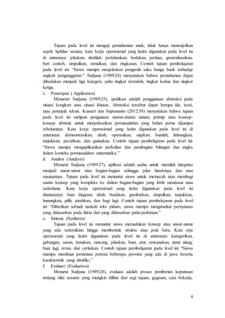 4
Tujuan pada level ini menguji pemahaman anak, tidak hanya menonjolkan
aspek hafalan semata, kata kerja operasional yang lazim digunakan pada level ini
di antaranya: jelaskan, ubahlah, pertahankan, bedakan, perluas, generalisasikan,
beri contoh, simpulkan, ramalkan, dan ringkasan. Contoh tujuan pembelajaran
pada level ini: “Siswa mampu menjelaskan pengaruh suku bunga bank terhadap
angkah pengangguran.” Sudjana (1989:24) menyatakan bahwa pemahaman dapat
dibedakan menjadi tiga kategori, yaitu tingkat terendah, tingkat kedua dan tingkat
ketiga.
c. Penerapan ( Application)
Menururt Sudjana (1989:25), apalikasi adalah penggunaan abstraksi pada
situasi kongkret atau situasi khusus. Abstraksi tersebut dapat berupa ide, teori,
atau petunjuk teknis. Kusaeri dan Suprananto (2012:58) menyatakan bahwa tujuan
pada level ini meliputi pengunaan aturan-aturan umum, prinsip atau konsep-
konsep abstrak untuk menyelesaikan permasalahan yang belum perna dijumpai
sebelumnya. Kata kerja operasional yang lazim digunakan pada level ini di
antaranya: demonstrasikan, ubah, operasikan, siapkan, buatlah, hubungkan,
tunjukkan, pecahkan, dan gunnakan. Contoh tujuan pembelajaran pada level ini:
“Siswa mampu mengaplikasikan perkalian dan pembagian bilangan dua angka
dalam konteks permasalahan matematika.”
d. Analisis (Analysis)
Menurut Sudjana (1989:27), aplikasi adalah usaha untuk memilah integritas
menjadi unsur-unsur atau bagian-bagian sehingga jelas hirarkinya dan atau
susunannya. Tujuan pada level ini menuntut siswa untuk memecah atau membagi
suattu konsep yang kompleks ke dalam bagian-bagian yang lebih mendasar atau
sederhana. Kata kerja operasional yang lazim digunakan pada level ini
diantaranya: buat diagram, ubah, bedakan, gambarkan, simpulkan, tunjukkan,
hunungkan, pilih, pisahkan, dan bagi lagi. Contoh tujuan pembelajaran pada level
ini: “Diberikan sebuah naskah teks pidato, siswa mampu menganalisis pernyataan
yang didasarkan pada fakta dan yang didasarkan pada perkiraan.”
e. Sintesis (Synthesis)
Tujuan pada level ini menuntut siswa memadukan konsep atau unsur-unsur
yang ada sedemikian hingga membentuk struktu atau pola baru. Kata erja
operasional yang lazim digunakan pada level ini di antaranya: kategorikan,
gabungan, susun, temukan, rancang, jelaskan, buat, atur, rencanakan, ataur ulang,
buat lagi, revisi, dan ceritakan. Contoh tujuan pembelajaran pada level ini: “Siswa
mampu membuat pemetaan potensi beberapa provinsi yang ada di jawa beserta
karakteristik yang dimiliki.”
f. Evaluasi (Evaluation)
Menurut Sudjana (1989:28), evaluasi adalah proses pemberian keputusan
tentang nilai sesuatu yang mungkin dilihat dari segi tujuan, gagasan, cara bekerja,
 