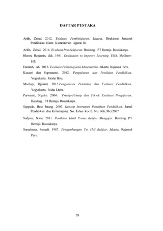 79
DAFTAR PUSTAKA
Arifin, Zainal. 2012. Evaluasi Pembelajaran. Jakarta. Direktorat Jenderal
Pendidikan Islam, Kementerian Agama RI.
Arifin, Zainal. 2014. Evaluasi Pembelajaran. Bandung. PT Remaja Rosdakarya.
Bloom, Benjamin, dkk. 1981. Evaluation to Improve Learning. USA. McGraw-
Hill.
Hamzah, Ali. 2013. Evaluasi Pembelajaran Matematika. Jakarta. Rajawali Pers.
Kusaeri dan Suprananto. 2012. Pengukuran dan Penilaian Pendidikan.
Yogyakarta. Graha Ilmu.
Mardapi, Djemari. 2012.Pengukuran Penilaian dan Evaluasi Pendidikan.
Yogyakarta. Nuha Litera.
Purwanto, Ngalim. 2004. Prinsip-Prinsip dan Teknik Evaluasi Pengajaran.
Bandung. PT Remaja Rosdakarya.
Sappaile, Baso Intang. 2007. Konsep Instrumen Penelitian Pendidikan. Jurnal
Pendidikan dan Kebudayaan, No. Tahun ke-13, No. 066, Mei 2007
Sudjana, Nana. 2011. Penilaian Hasil Proses Belajar Mengajar. Bandung. PT
Remaja Rosdakarya.
Suryabrata, Sumadi. 1987. Pengembangan Tes Hsil Belajar. Jakarta. Rajawali
Pers.
 