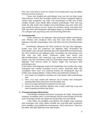 6
beda, akan tetapi diantara mereka itu terdapat ciri-ciri prinsip pokok yang mewujudkan
beberapa kesamaan yang besar.
Semua anak mengikuti pola perkembangan yang sama dari satu tahap menuju
tahap berikutnya. Contoh, Bayi merangkak sebelum bisa berjalan, menggambar lingkaran
sebelum dapat menggambar segi empat. Pola perkembangan ini tidak akan berubah
sekalipun terdapat variasi individu dalam kecepatan perkembangan. Pada anak yang
pandai dan tidak pandai akan mengikuti urutan perkembangan yang sama seperti anak
yang memiliki kecerdasan rata-rata. Namun ada perbedaan mereka yang pandai akan
lebih cepat dalam perkembangannya dibandingkan dengan yg memiliki kecerdasan rata-
rata, sedangkan anak yang kurang cerdas akan berkembang lebih lambat.
4. PrinsipInteraksi
Antara pembawaan dan lingkungan saling berpengaruh didalam perkembangan
anak. Misalnya anak mempunyai bakat yang baik, tetapi karena hidup didalam
lingkungan yang tidak menguntungkan, maka anak belum tentu bisa berkembang dengan
baik.
Perkembangan dipengaruhi oleh faktor pembawaan dan juga faktor lingkungan.
Kondisi yang wajar dari pembawaan dan lingkungan dapat menyebabkan laju
perkembangan yang wajar pula. Kekurangwajaran baik yang berlebih atau berkekurangan
dari faktor pembawaan dan lingkungan dapat menyebabkan laju perkembangan yang
lebih cepat atau lebih lambat. Pembawaan adalah suatu konsep yang
dipercayai/dikemukakan oleh orang-orang yang mempercayai adanya potensi dasar
manusia yang akan berkembang sendiri atau berkembang dengan berinteraksi dengan
lingkungan. Pada dasarnya prinsip ini sepaham dengan teori konvergensi pada
perkembangan anak.
Contoh lainnya adalah lingkungan tempat anak menghabiskan masa kecilnya akan sangat
berpengaruh kuat terhadap kemampuan bawaan mereka. Bukti-bukti ilmiah telah
menunjukkan bahwa dasar awal cenderung bertahan dan mempengaruhi sikap dari
perilaku anak sepanjang hidupnya, terdapat 4 bukti yang membenarkan pendapat ini.
1. Hasil belajar dan pengalaman merupakan hal yang dominan dalam perkembangan
anak
2. Dasar awal cepat menjadi pola kebiasaan, hal ini tentunya akan berpengaruh
sepanjang hidup dalam penyesuaian sosial dan pribadi anak
3. Dasar awal sangat sulit berubah meskipun hal tersebut salah
4. Semakin dini sebuah perubahan dilakukan maka semakin mudah bagi seorng anak
untuk mengadakan perubahan bagi dirinya.
5. Prinsipkematangan(Maturation)
Perkembangan merupakan hasil proses kematangan dan belajar. Berbagai bukti
tampaknya menunjukkan bahwa ciri perkembangan fisik dan mental sebagian berasal dari
proses kematangan intrinsik dan sebagian berasal dari latihan dan usaha individu.
Usaha belajar atau pendidikan yang diberikan oleh pendidik sangat tergantung
pada kematangan anak, artinya didalam mendidik anak orang tidak dapat memaksakan
materi pendidikan yang melebihi batas kematangannya. Misal, anak berusia 7 bulan baru
bisa duduk, tidak dapat dipaksakan untuk dapat berjalan.
 