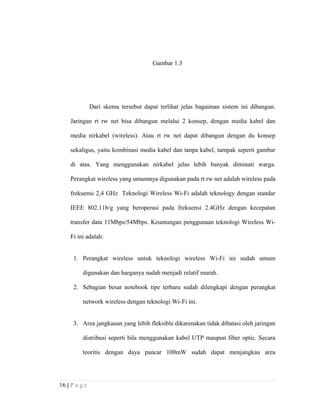 Gambar 1.3
Dari skema tersebut dapat terlihat jelas bagaiman sistem ini dibangun.
Jaringan rt rw net bisa dibangun melalui 2 konsep, dengan media kabel dan
media nirkabel (wireless). Atau rt rw net dapat dibangun dengan du konsep
sekaligus, yaitu kombinasi media kabel dan tanpa kabel, tampak seperti gambar
di atas. Yang menggunakan nirkabel jelas lebih banyak diminati warga.
Perangkat wireless yang umumnya digunakan pada rt rw net adalah wireless pada
frekuensi 2,4 GHz Teknologi Wireless Wi-Fi adalah teknology dengan standar
IEEE 802.11b/g yang beroperasi pada frekuensi 2.4GHz dengan kecepatan
transfer data 11Mbps/54Mbps. Keuntungan penggunaan teknologi Wireless Wi-
Fi ini adalah:
1. Perangkat wireless untuk teknologi wireless Wi-Fi ini sudah umum
digunakan dan harganya sudah menjadi relatif murah.
2. Sebagian besar notebook tipe terbaru sudah dilengkapi dengan perangkat
network wireless dengan teknologi Wi-Fi ini.
3. Area jangkauan yang lebih fleksible dikarenakan tidak dibatasi oleh jaringan
distribusi seperti bila menggunakan kabel UTP maupun fiber optic. Secara
teoritis dengan daya pancar 100mW sudah dapat menjangkau area
16 | P a g e
 
