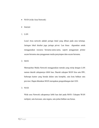 • WAN (wide Area Network)
• Internet
1. LAN
Local Area network adalah jaringn lokal yang dibuat pada area tertutup.
Jaringan lokal disebut juga jaringn privat. Lan biasa digunakan untuk
menggunakan resource bersama-sama-sama, seperti penggunaan printer
secara bersama atau penggunaan media penyimpan data secara bersama.
2. MAN
Metropoltan Media Network menggunakan metode yang mirip dengan LAN
namun daerah cakupannya lebih luas. Daerah cakupan MAN bisa satu RW,
beberapa kantor yang berada dalam satu komplek, satu kota bahkan satu
provinsi. Dapat dikatakan MAN merupakan pengembangan dari lAN.
3. WAN
Wide area Network cakupannya lebih luas dari pada MAN. Cakupan WAN
meliputi, satu kawasan, satu negara, satu pulau bahkan sau benua.
9 | P a g e
 