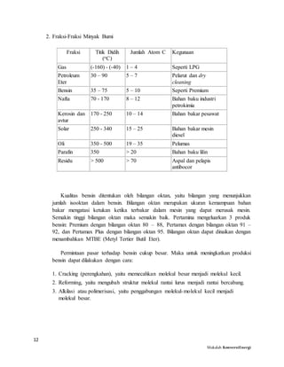 12
Makalah KonversiEnergi
2. Fraksi-Fraksi Minyak Bumi
Fraksi Titik Didih
(oC)
Jumlah Atom C Kegunaan
Gas (-160) - (-40) 1 – 4 Seperti LPG
Petroleum
Eter
30 – 90 5 – 7 Pelarut dan dry
cleaning
Bensin 35 – 75 5 – 10 Seperti Premium
Nafta 70 - 170 8 – 12 Bahan baku industri
petrokimia
Kerosin dan
avtur
170 - 250 10 – 14 Bahan bakar pesawat
Solar 250 - 340 15 – 25 Bahan bakar mesin
diesel
Oli 350 - 500 19 – 35 Pelumas
Parafin 350 > 20 Bahan baku lilin
Residu > 500 > 70 Aspal dan pelapis
antibocor
Kualitas bensin ditentukan oleh bilangan oktan, yaitu bilangan yang menunjukkan
jumlah isooktan dalam bensin. Bilangan oktan merupakan ukuran kemampuan bahan
bakar mengatasi ketukan ketika terbakar dalam mesin yang dapat merusak mesin.
Semakin tinggi bilangan oktan maka semakin baik. Pertamina mengeluarkan 3 produk
bensin: Premium dengan bilangan oktan 80 – 88, Pertamax dengan bilangan oktan 91 –
92, dan Pertamax Plus dengan bilangan oktan 95. Bilangan oktan dapat dinaikan dengan
menambahkan MTBE (Metyl Tertier Butil Eter).
Permintaan pasar terhadap bensin cukup besar. Maka untuk meningkatkan produksi
bensin dapat dilakukan dengan cara:
1. Cracking (perengkahan), yaitu memecahkan molekul besar menjadi molekul kecil.
2. Reforming, yaitu mengubah struktur molekul rantai lurus menjadi rantai bercabang.
3. Alkilasi atau polimerisasi, yaitu penggabungan molekul-molekul kecil menjadi
molekul besar.
 