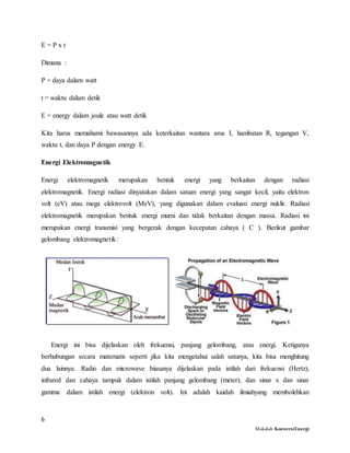 6
Makalah KonversiEnergi
E = P x t
Dimana :
P = daya dalam watt
t = waktu dalam detik
E = energy dalam joule atau watt detik
Kita harus memahami bawasannya ada keterkaitan wantara arus I, hambatan R, tegangan V,
waktu t, dan daya P dengan energy E.
Energi Elektromagnetik
Energi elektromagnetik merupakan bentuk energi yang berkaitan dengan radiasi
elektromagnetik. Energi radiasi dinyatakan dalam satuan energi yang sangat kecil, yaitu elektron
volt (eV) atau mega elektrovolt (MeV), yang digunakan dalam evaluasi energi nuklir. Radiasi
elektromagnetik merupakan bentuk energi murni dan tidak berkaitan dengan massa. Radiasi ini
merupakan energi transmisi yang bergerak dengan kecepatan cahaya ( C ). Berikut gambar
gelombang elektromagnetik:
Energi ini bisa dijelaskan oleh frekuensi, panjang gelombang, atau energi. Ketiganya
berhubungan secara matematis seperti jika kita mengetahui salah satunya, kita bisa menghitung
dua lainnya. Radio dan microwave biasanya dijelaskan pada istilah dari frekuensi (Hertz),
infrared dan cahaya tampak dalam istilah panjang gelombang (meter), dan sinar x dan sinar
gamma dalam istilah energi (elektron volt). Ini adalah kaidah ilmiahyang membolehkan
 