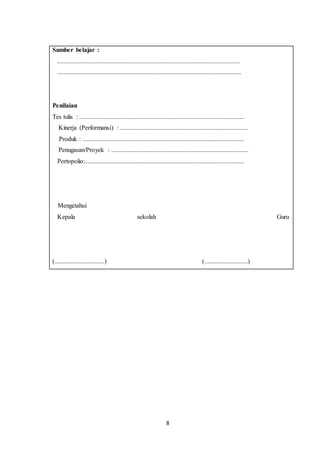 8
Sumber belajar :
1. .................................................................................................................
2. ..................................................................................................................
Penilaian
Tes tulis : ......................................................................................................
a. Kinerja (Performansi) : ...............................................................................
b. Produk : ....................................................................................................
c. Penugasan/Proyek : .....................................................................................
d. Portopolio:...................................................................................................
Mengetahui
Kepala sekolah Guru
(...............................) (...........................)
 