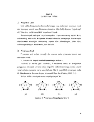 4
BAB II
LANDASAN TEORI
A. Pengertian Graf
Graf adalah himpunan tak kosong berhingga, yang terdiri dari himpunan rusuk
dan himpunan simpul yang himpunan simpulnya tidak boleh kosong. Notasi graf:
G(V,E) artinya graf G memiliki V simpul dan E rusuk.
Simpul-simpul pada graf dapat merupakan obyek sembarang seperti kota,
nama orang, jenis buah, komponen alat elektronik dan sebagainya. Rusuk dapat
menunjukkan hubungan sembarang seperti rute penerbangan, jalan raya,
sambungan telepon, ikatan kimia, dan lain-lain.
B. Pewarnaan Graf
Pewarnaan graf terbagi menjadi dua macam yaitu pewarnaan simpul dan
pewarnaan rusuk.
1. Pewarnaan simpul didefinisikan sebagai berikut :
Misalkan G adalah graf sederhana, k-pewarnaan untuk G menyatakan
penggunaan sebanyak k-warna untuk simpul G sedemikian hingga simpul-simpul
yang berikatan mendapat warna yang berbeda. Jika G memiliki k-pewarnaan, maka
G dikatakan dapat diwarnai dengan k-warna (Wilson dan Watkins, 1989: 235).
Berikut adalah contoh pewarnaan simpul pada graf G .
Gambar 1. Pewarnaan Simpul pada Graf G
 
