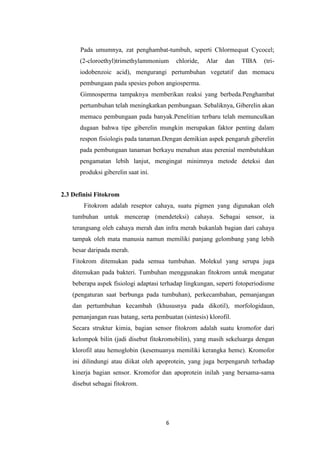 Pada umumnya, zat penghambat-tumbuh, seperti Chlormequat Cycocel;
(2-cloroethyl)trimethylammonium

chloride,

Alar

dan

TIBA

(tri-

iodobenzoic acid), mengurangi pertumbuhan vegetatif dan memacu
pembungaan pada spesies pohon angiosperma.
Gimnosperma tampaknya memberikan reaksi yang berbeda.Penghambat
pertumbuhan telah meningkatkan pembungaan. Sebaliknya, Giberelin akan
memacu pembungaan pada banyak.Penelitian terbaru telah memunculkan
dugaan bahwa tipe giberelin mungkin merupakan faktor penting dalam
respon fisiologis pada tanaman.Dengan demikian aspek pengaruh giberelin
pada pembungaan tanaman berkayu menahun atau perenial membutuhkan
pengamatan lebih lanjut, mengingat minimnya metode deteksi dan
produksi giberelin saat ini.

2.3 Definisi Fitokrom
Fitokrom adalah reseptor cahaya, suatu pigmen yang digunakan oleh
tumbuhan untuk mencerap (mendeteksi) cahaya. Sebagai sensor, ia
terangsang oleh cahaya merah dan infra merah bukanlah bagian dari cahaya
tampak oleh mata manusia namun memiliki panjang gelombang yang lebih
besar daripada merah.
Fitokrom ditemukan pada semua tumbuhan. Molekul yang serupa juga
ditemukan pada bakteri. Tumbuhan menggunakan fitokrom untuk mengatur
beberapa aspek fisiologi adaptasi terhadap lingkungan, seperti fotoperiodisme
(pengaturan saat berbunga pada tumbuhan), perkecambahan, pemanjangan
dan pertumbuhan kecambah (khususnya pada dikotil), morfologidaun,
pemanjangan ruas batang, serta pembuatan (sintesis) klorofil.
Secara struktur kimia, bagian sensor fitokrom adalah suatu kromofor dari
kelompok bilin (jadi disebut fitokromobilin), yang masih sekeluarga dengan
klorofil atau hemoglobin (kesemuanya memiliki kerangka heme). Kromofor
ini dilindungi atau diikat oleh apoprotein, yang juga berpengaruh terhadap
kinerja bagian sensor. Kromofor dan apoprotein inilah yang bersama-sama
disebut sebagai fitokrom.

6

 