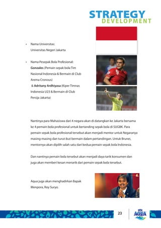 23
Nama Universitas:•	
Universitas Negeri Jakarta
Nama Pesepak Bola Profesional:•	
Gonzales (Pemain sepak bola Tim
Nasional Indonesia & Bermain di Club
Arema Cronous)
& Adritany Ardhiyasa (Kiper Timnas
Indonesia U23 & Bermain di Club
Persija Jakarta)
Nantinya para Mahasiswa dari 4 negara akan di datangkan ke Jakarta bersama
ke 4 pemain bola profesional untuk bertanding sepak bola di SUGBK. Para
pemain sepak bola profesional tersebut akan menjadi mentor untuk Negaranya
masing-masing dan turut ikut bermain dalam pertandingan. Untuk Brunei,
mentornya akan dipilih salah satu dari kedua pemain sepak bola Indonesia.
Dan nantinya pemain bola tersebut akan menjadi daya tarik konsumen dan
juga akan memberi kesan menarik dari pemain sepak bola tersebut.
Aqua juga akan menghadirkan Bapak
Menpora, Roy Suryo.
STRATEGYDEVELOPMENT
 