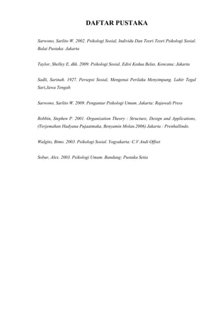 DAFTAR PUSTAKA
Sarwono, Sarlito W. 2002. Psikologi Sosial, Individu Dan Teori Teori Psikologi Sosial.
Balai Pustaka: Jakarta
Taylor, Shelley E, dkk. 2009. Psikologi Sosial, Edisi Kedua Belas. Kencana: Jakarta
Sadli, Sarinah. 1927. Persepsi Sosial, Mengenai Perilaku Menyimpang. Lahir Tegal
Sari,Jawa Tengah
Sarwono, Sarlito W. 2009. Pengantar Psikologi Umum. Jakarta: Rajawali Press
Robbin, Stephen P. 2001. Organization Theory : Structure, Design and Applications,
(Terjemahan Hadyana Pujaatmaka, Benyamin Molan.2006) Jakarta : Prenhallindo.
Walgito, Bimo. 2003. Psikologi Sosial. Yogyakarta: C.V Andi Offset
Sobur, Alex. 2003. Psikologi Umum. Bandung: Pustaka Setia
 