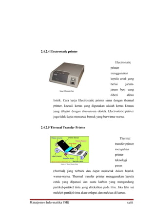 2.4.2.4 Electrostatic printer


                                                                  Electrostatic
                                                              printer
                                                              menggunakan
                                                              kepala cetak yang
                                                              berisi        jarum-
                                                              jarum besi yang
                                                              diberi          aliran
                listrik. Cara kerja Electrostatic printer sama dengan thermal
                printer, kecuali kertas yang digunakan adalah kertas khusus
                yang dilapisi dengan alumunium oksida. Electrostatic printer
                juga tidak dapat mencetak bentuk yang berwarna-warna.


       2.4.2.5 Thermal Transfer Printer


                                                                        Thermal
                                                                  transfer printer
                                                                  merupakan
                                                                  printer
                                                                  teknologi
                                                                  panas
                (thermal) yang terbaru dan dapat mencetak dalam bentuk
                warna-warna. Thermal transfer printer menggunakan kepala
                cetak yang dipanasi dan suatu karbon yang mengandung
                partikel-partikel tinta yang dilekatkan pada lilin. Jika lilin ini
                meleleh partikel tinta akan terlepas dan melekat di kertas.


Manajemen Informatika PMK                                                     xviii
 