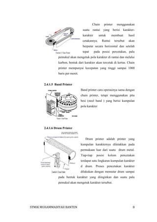 Chain

printer

rantai

yang

suatu

karakter

untuk

cetakannya.

menggunakan
berisi

karakter-

membuat

Rantai

tersebut

hasil
akan

berputar secara horizontal dan setelah
tepat

pada posisi percetakan, palu

pemukul akan mengetuk pola karakter di rantai dan melalui
karbon, bentuk dari karakter akan tercetak di kertas. Chain
printer mempunyai kecepatan yang tinggi sampai 1000
baris per menit.

2.4.1.5 Band Printer
Band printer cara operasinya sama dengan
chain printer, tetapi menggunakan pita
besi (steel band ) yang berisi kumpulan
pola karakter

2.4.1.6 Drum Printer

Drum printer adalah printer yang
kumpulan karakternya diletakkan pada
permukaan luar dari suatu drum metal.
Tiap-tiap

posisi

kolom

pencetakan

terdapat satu lingkaran kumpulan karakter
d drum. Proses pencetakan karakter
dilakukan dengan memutar drum sampai
pada bentuk karakter yang diinginkan dan suatu palu
pemukul akan mengetuk karakter tersebut.

STMIK MUHAMMADIYAH BANTEN

8

 