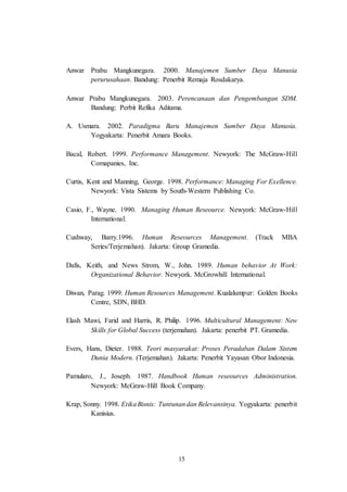 15
Anwar Prabu Mangkunegara. 2000. Manajemen Sumber Daya Manusia
perurusahaan. Bandung: Penerbit Remaja Rosdakarya.
Anwar Prabu Mangkunegara. 2003. Perencanaan dan Pengembangan SDM.
Bandung: Perbit Refika Aditama.
A. Usmara. 2002. Paradigma Baru Manajemen Sumber Daya Manusia.
Yogyakarta: Penerbit Amara Books.
Bacal, Robert. 1999. Performance Management. Newyork: The McGraw-Hill
Comapanies, Inc.
Curtis, Kent and Manning, George. 1998. Performance: Managing For Exellence.
Newyork: Vista Sistems by South-Western Publishing Co.
Casio, F., Wayne. 1990. Managing Human Reseource. Newyork: McGraw-Hill
International.
Cushway, Barry.1996. Human Reseources Management. (Track MBA
Series/Terjemahan). Jakarta: Group Gramedia.
Dafis, Keith, and News Strom, W., John. 1989. Human behavior At Work:
Organizational Behavior. Newyork. McGrowhill International.
Diwan, Parag. 1999. Human Resources Management. Kualalumpur: Golden Books
Centre, SDN, BHD.
Elash Mawi, Farid and Harris, R. Philip. 1996. Multicultural Management: New
Skills for Global Success (terjemahan). Jakarta: penerbit PT. Gramedia.
Evers, Hans, Dieter. 1988. Teori masyarakat: Proses Peradaban Dalam Sistem
Dunia Modern. (Terjemahan). Jakarta: Penerbit Yayasan Obor Indonesia.
Pamularo, J., Joseph. 1987. Handbook Human reseources Administration.
Newyork: McGraw-Hill Book Company.
Krap, Sonny. 1998. EtikaBisnis: Tuntunandan Relevansinya. Yogyakarta: penerbit
Kanisius.
 