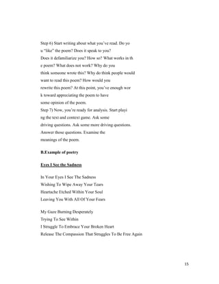 Step 6) Start writing about what you’ve read. Do yo
u ―like‖ the poem? Does it speak to you?
Does it defamiliarize you? How so? What works in th
e poem? What does not work? Why do you
think someone wrote this? Why do think people would
want to read this poem? How would you
rewrite this poem? At this point, you’ve enough wor
k toward appreciating the poem to have
some opinion of the poem.
Step 7) Now, you’re ready for analysis. Start playi
ng the text and context game. Ask some
driving questions. Ask some more driving questions.
Answer those questions. Examine the
meanings of the poem.

B.Example of poetry

Eyes I See the Sadness

In Your Eyes I See The Sadness
Wishing To Wipe Away Your Tears
Heartache Etched Within Your Soul
Leaving You With All Of Your Fears

My Gaze Burning Desperately
Trying To See Within
I Struggle To Embrace Your Broken Heart
Release The Compassion That Struggles To Be Free Again




                                                         15
 