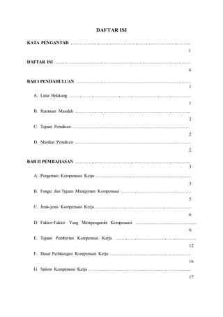 DAFTAR ISI
KATA PENGANTAR ……………………………………………………………………..
i
DAFTAR ISI ……………………………………………………………………………….
ii
BAB I PENDAHULUAN ………………………………………………………………….
1
A. Latar Belakang ………………………………………………………………………
1
B. Rumusan Masalah …………………………………………………………………..
2
C. Tujuan Penulisan ……………………………………………………………………
2
D. Manfaat Penulisan …………………………………………………………………..
2
BAB II PEMBAHASAN …………………………………………………………………..
3
A. Pengertian Kompensasi Kerja ……………………………………………………….
3
B. Fungsi dan Tujuan Manajemen Kompensasi ………………………………………..
5
C. Jenis-jenis Kompensasi Kerja ……………………………………………………….
6
D. Faktor-Faktor Yang Mempengaruhi Kompensasi …………………………………..
9
E. Tujuan Pemberian Kompensasi Kerja ………………………………………………
12
F. Dasar Perhitungan Kompensasi Kerja ………………………………………………
16
G. Sistem Kompensasi Kerja …………………………………………………………...
17
 