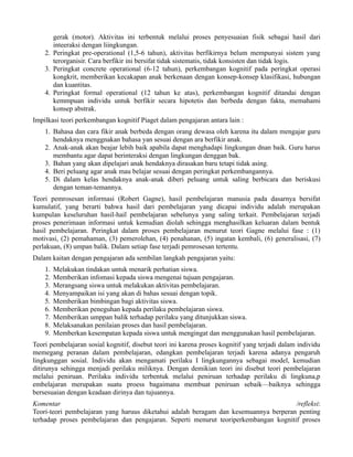 gerak (motor). Aktivitas ini terbentuk melalui proses penyesuaian fisik sebagai hasil dari
       inteeraksi dengan liingkungan.
    2. Peringkat pre-operational (1,5-6 tahun), aktivitas berfikirnya belum mempunyai sistem yang
       terorganisir. Cara berfikir ini bersifat tidak sistematis, tidak konsisten dan tidak logis.
    3. Peringkat concrete operational (6-12 tahun), perkembangan kognitif pada peringkat operasi
       kongkrit, memberikan kecakapan anak berkenaan dengan konsep-konsep klasifikasi, hubungan
       dan kuantitas.
    4. Peringkat formal operational (12 tahun ke atas), perkembangan kognitif ditandai dengan
       kemmpuan individu untuk berfikir secara hipotetis dan berbeda dengan fakta, memahami
       konsep abstrak.
Impilkasi teori perkembangan kognitif Piaget dalam pengajaran antara lain :
    1. Bahasa dan cara fikir anak berbeda dengan orang dewasa oleh karena itu dalam mengajar guru
       hendaknya menggnakan bahasa yan sesuai dengan ara berfikir anak.
    2. Anak-anak akan beajar lebih baik apabila dapat menghadapi lingkungan dnan baik. Guru harus
       membantu agar dapat berinteraksi dengan lingkungan denggan bak.
    3. Bahan yang akan dipelajari anak hendaknya dirasakan baru tetapi tidak asing.
    4. Beri peluang agar anak mau belajar sesuai dengan peringkat perkembangannya.
    5. Di dalam kelas hendaknya anak-anak diberi peluang untuk saling berbicara dan beriskusi
       dengan teman-temannya.
Teori pemrosesan informasi (Robert Gagne), hasil pembelajaran manusia pada dasarnya bersifat
kumulatif, yang berarti bahwa hasil dari pembelajaran yang dicapai individu adalah merupakan
kumpulan keseluruhan hasil-hail pembelajaran sebelunya yang saling terkait. Pembelajaran terjadi
proses penerimaan informasi untuk kemudian diolah sehingga menghasilkan keluaran dalam bentuk
hasil pembelajaran. Peringkat dalam proses pembelajaran menurut teori Gagne melalui fase : (1)
motivasi, (2) pemahaman, (3) pemerolehan, (4) penahanan, (5) ingatan kembali, (6) generalisasi, (7)
perlakuan, (8) umpan balik. Dalam setiap fase terjadi pemrosesan tertentu.
Dalam kaitan dengan pengajaran ada sembilan langkah pengajaran yaitu:
    1.   Melakukan tindakan untuk menarik perhatian siswa.
    2.   Memberikan infomasi kepada siswa mengenai tujuan pengajaran.
    3.   Merangsang siswa untuk melakukan aktivitas pembelajaran.
    4.   Menyampaikan isi yang akan di bahas sesuai dengan topik.
    5.   Memberikan bimbingan bagi aktivitas siswa.
    6.   Memberikan peneguhan kepada perilaku pembelajaran siswa.
    7.   Memberikan umppan balik terhadap perilaku yang ditunjukkan siswa.
    8.   Melaksanakan penilaian proses dan hasil pembelajaran.
    9.   Memberkan kesempatan kepada siswa untuk mengingat dan menggunakan hasil pembelajaran.
Teori pembelajaran sosial kognitif, disebut teori ini karena proses kognitif yang terjadi dalam individu
memegang peranan dalam pembelajaran, edangkan pembelajaran terjadi karena adanya pengaruh
lingkunggan sosial. Individu akan mengamati perilaku I lingkungannya sebagai model, kemudian
ditirunya sehingga menjadi perilaku miliknya. Dengan demikian teori ini disebut teori pembelajaran
melalui peniruan. Perilaku individu terbentuk melalui peniruan terhadap perilaku di lingkuna,p
embelajaran merupakan suatu proess bagaimana membuat peniruan sebaik—baiknya sehingga
bersesuaian dengan keadaan dirinya dan tujuannya.
Komentar                                                                              /refleksi:
Teori-teori pembelajaran yang haruus diketahui adalah beragam dan kesemuannya berperan penting
terhadap proses pembelajaran dan pengajaran. Seperti menurut teoriperkembangan kognitif proses
 