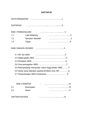 DAFTAR ISI 
KATA PENGANTAR ……………………...……………….….....1 
DAFTAR ISI …………………………......…………............2 
BAB 1 PENDAHULUAN : ………………...………..........…3 
1.1 Latar Belakang …………………………..…..3 
1.2 Rumusan Masalah …………………………..….3 
1.3 Tujuan ………………………….….4 
BAB 2 BAHAYA HIV/AIDS : …………………………………..…..5 
2.1 HIV dan AIDS ………………………………………...5 
2.2 Gejala-gejala AIDS ………………………..……………..…..5 
2.3 Penularan AIDS……………………………………………….6 
2.4 Cara pencegahan AIDS…………………………………...…..7 
2.5 Kelompokyang mempunyai resiko tinggi tertular AIDS…….…7 
2.6 Usaha yang dilakukan apabila terinfeksi virus HIV………..…..8 
2.7 Perkembangan AIDS di Indonesia…………………….………9 
BAB 3 PENUTUP : ………………………….……....10 
3.1 Kesimpulan …………………...….…...10 
3.2 Saran ………………...………...11 
DAFTAR PUSTAKA …………..……………...…..…...12 
 