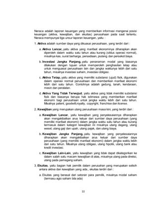 13
Neraca adalah laporan keuangan yang memberikan informasi mengenai posisi
keuangan (aktiva, kewajiban, dan ekuitas) perusahaan pada saat tertentu.
Neraca mempunyai tiga unsur laporan keuangan, yaitu :
1. Aktiva adalah sumber daya yang dikuasai perusahaan, yang terdiri dari :
a. Aktiva Lancar, yaitu aktiva yang manfaat ekonominya diharapkan akan
diperoleh dalam waktu satu tahun atau kurang (siklus operasi normal),
misalnya kas, surat berharga, persediaan, piutang dan persekot biaya.
b. Investasi Jangka Panjang, yaitu penanaman modal yang biasanya
dilakukan dengan tujuan untuk memperoleh penghasilan tetap atau
untuk menguasai perusahaan lain dan jangka waktunya lebih dari satu
tahun, misalnya investasi saham, investasi obligasi.
c. Aktiva Tetap, yaitu aktiva yang memiliki substansi (ujud) fisik, digunakan
dalam operasi normal perusahaan dan memberikan manfaat ekonomi
lebih dari satu tahun. Contohnya adalah gedung, tanah, kendaraan,
mesin dan peralatan.
d. Aktiva Yang Tidak Terwujud, yaitu aktiva yang tidak memiliki substansi
fisik dan biasanya berupa hak istimewa yang memberikan manfaat
ekonomi bagi perusahaan untuk jangka waktu lebih dari satu tahun.
Misalnya patent, goodwill,royalty, copyright, franchise dan license.
2. Kewajiban yang merupakan utang perusahaan masa kini, yang terdiri dari :
a. Kewajiban Lancar, yaitu kewajiban yang penyelesaiannya diharapkan
akan mengakibatkan arus keluar dari sumber daya perusahaan (yang
memiliki manfaat ekonomi) dalam jangka waktu satu tahun atau kurang
termasuk dalam kategori kewajiban ini misalnya utang dagang, utang
wesel, utang gaji dan upah, utang pajak, dan utang biaya.
b. Kewajiban Jangka Panjang, yaitu kewajiban yang penyelesaiannya
diharapkan akan mengakibatkan arus keluar dari sumber daya
perusahaan (yang memiliki manfaat ekonomi) dalam jangka waktu lebih
dari satu tahun. Misalnya utang obligasi, utang hipotik, utang bank atau
kredit investasi.
c. Kewajiban Lain-Lain, yaitu kewajiban yang tidak dapat dikategorikan ke
dalam salah satu macam kewajiban di atas, misalnya utang pada direksi,
utang pada pemegang saham.
3. Ekuitas, yaitu bagian hak pemilik dalam perusahan yang merupakan selisih
antara aktiva dan kewajiban yang ada., ekuitas terdiri dari :
a. Ekuitas yang berasal dari setoran para pemilik, misalnya modal saham
(termasu agio saham bila ada)
 