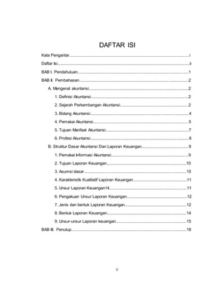 ii
DAFTAR ISI
Kata Pengantar............................................................................................................i
Daftar Isi.......................................................................................................................ii
BAB I. Pendahuluan....................................................................................................1
BAB II. Pembahasan...................................................................................................2
A. Mengenal akuntansi..........................................................................................2
1. Definisi Akuntansi........................................................................................2
2. Sejarah Perkembangan Akuntansi..............................................................2
3. Bidang Akuntansi.........................................................................................4
4. Pemakai Akuntansi......................................................................................5
5. Tujuan Manfaat Akuntansi...........................................................................7
6. Profesi Akuntansi.........................................................................................8
B. Struktur Dasar Akuntansi Dan Laporan Keuangan...........................................9
1. Pemakai Informasi Akuntansi......................................................................9
2. Tujuan Laporan Keuangan........................................................................10
3. Asumsi dasar.............................................................................................10
4. Karakteristik Kualitatif Laporan Keuangan.................................................11
5. Unsur Laporan Keuangan14......................................................................11
6. Pengakuan Unsur Laporan Keuangan.......................................................12
7. Jenis dan bentuk Laporan Keuangan........................................................12
8. Bentuk Laporan Keuangan........................................................................14
9. Unsur-unsur Laporan keuangan................................................................15
BAB III. Penutup........................................................................................................18
 