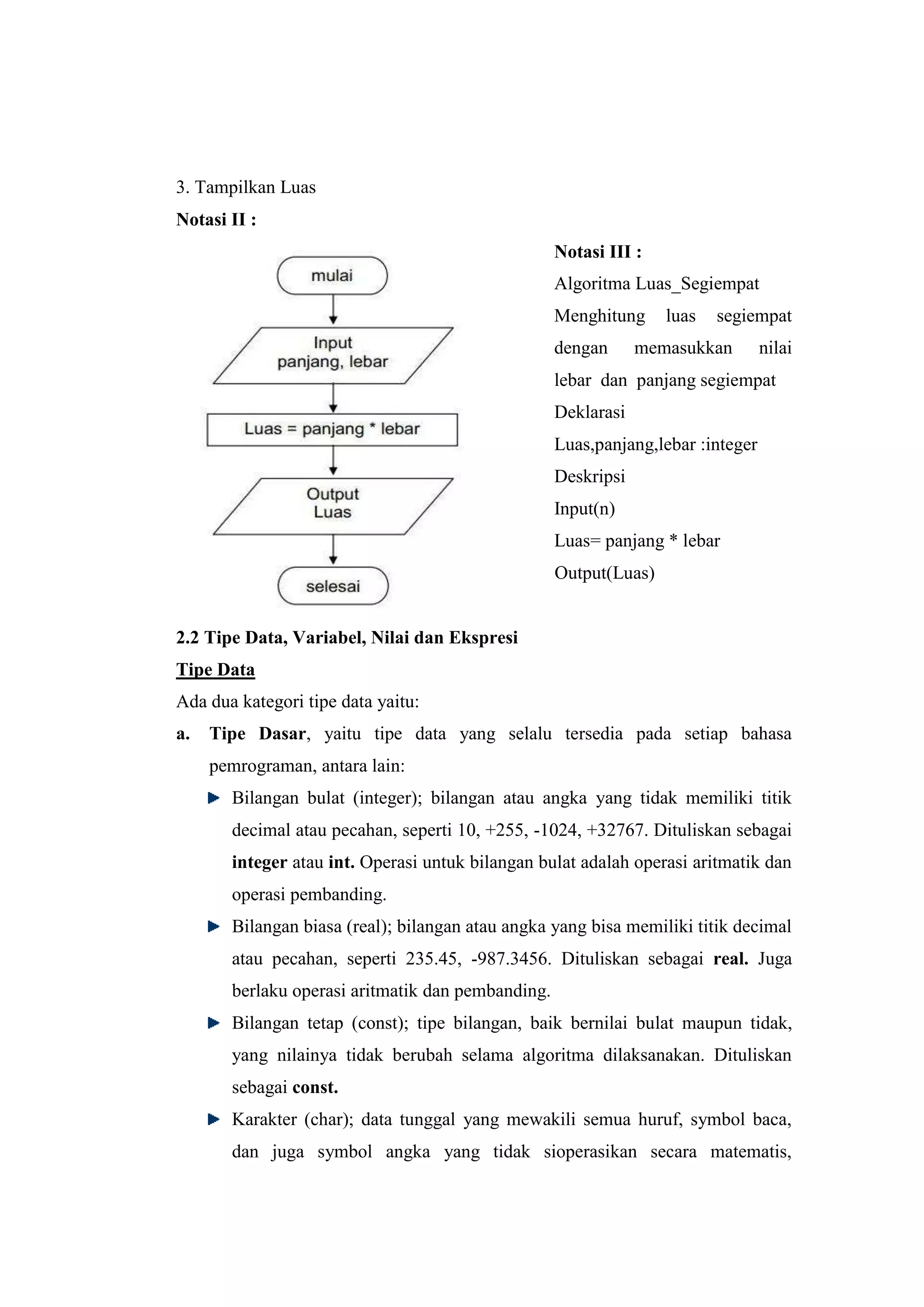 3. Tampilkan Luas
Notasi II :
                                                   Notasi III :
                                                   Algoritma Luas_Segiempat
                                                   Menghitung     luas   segiempat
                                                   dengan      memasukkan        nilai
                                                   lebar dan panjang segiempat
                                                   Deklarasi
                                                   Luas,panjang,lebar :integer
                                                   Deskripsi
                                                   Input(n)
                                                   Luas= panjang * lebar
                                                   Output(Luas)


2.2 Tipe Data, Variabel, Nilai dan Ekspresi
Tipe Data
Ada dua kategori tipe data yaitu:
a.   Tipe Dasar, yaitu tipe data yang selalu tersedia pada setiap bahasa
     pemrograman, antara lain:
       Bilangan bulat (integer); bilangan atau angka yang tidak memiliki titik
       decimal atau pecahan, seperti 10, +255, -1024, +32767. Dituliskan sebagai
       integer atau int. Operasi untuk bilangan bulat adalah operasi aritmatik dan
       operasi pembanding.
       Bilangan biasa (real); bilangan atau angka yang bisa memiliki titik decimal
       atau pecahan, seperti 235.45, -987.3456. Dituliskan sebagai real. Juga
       berlaku operasi aritmatik dan pembanding.
       Bilangan tetap (const); tipe bilangan, baik bernilai bulat maupun tidak,
       yang nilainya tidak berubah selama algoritma dilaksanakan. Dituliskan
       sebagai const.
       Karakter (char); data tunggal yang mewakili semua huruf, symbol baca,
       dan juga symbol angka yang tidak sioperasikan secara matematis,
 